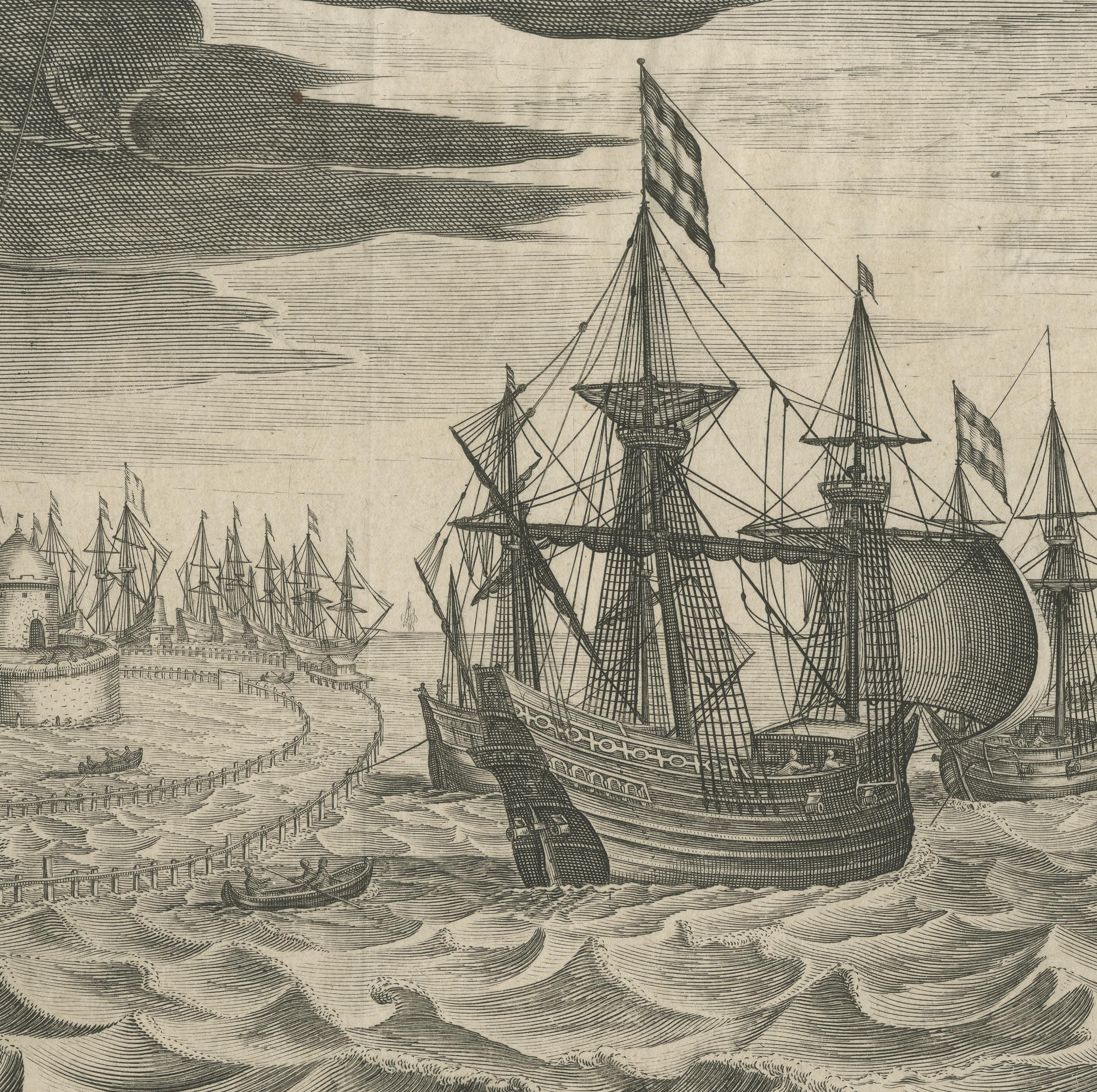 Extremely rare original antique print of a fleet of nine ships departing from Amsterdam for a voyage to the East Indies, 1603. This may be the second voyage to the East Indies for the VOC under Steven van der Hagen, 1603-1608. With four-line caption