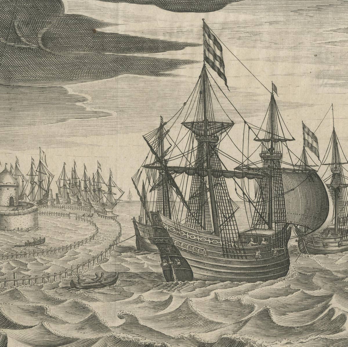 Antique Print of a Fleet of Nine Ships Departing to the East Indies '1603'