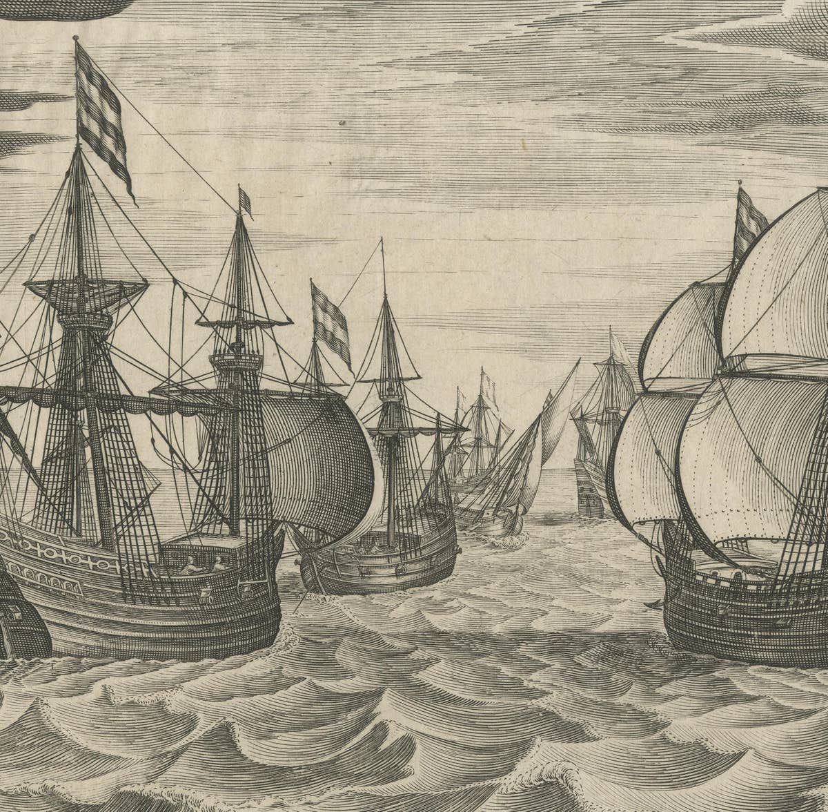 Antique Print of a Fleet of Nine Ships Departing to the East Indies '1603'
