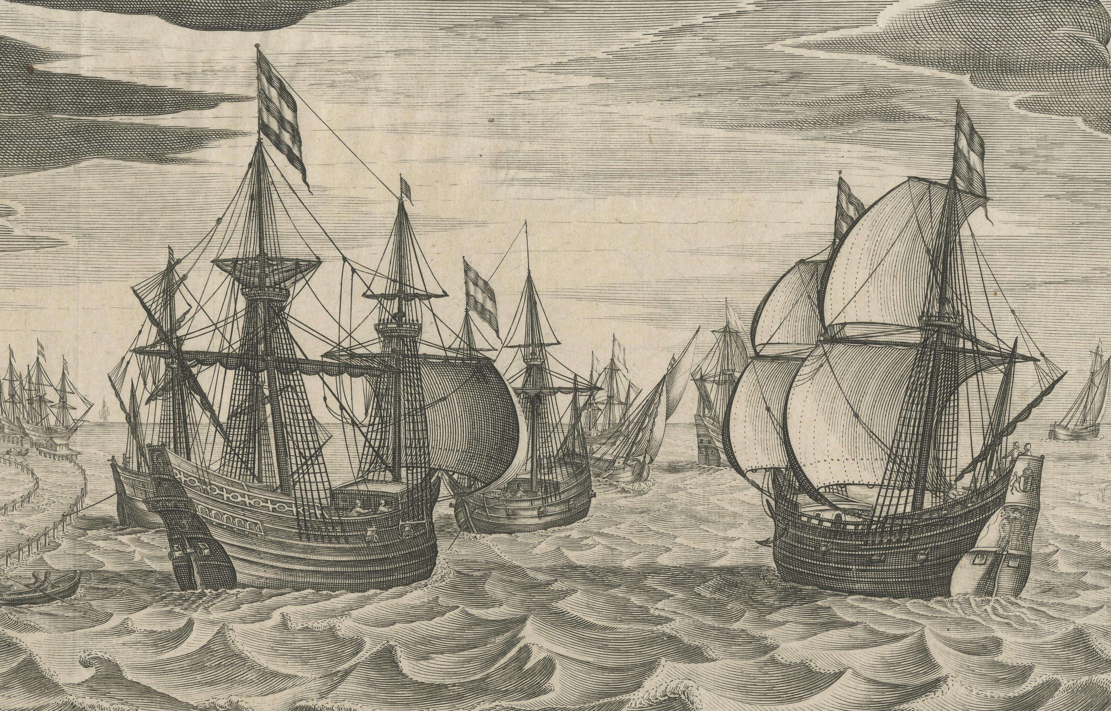 Antique Print of a Fleet of Nine Ships Departing to the East Indies '1603' In Fair Condition For Sale In Langweer, NL