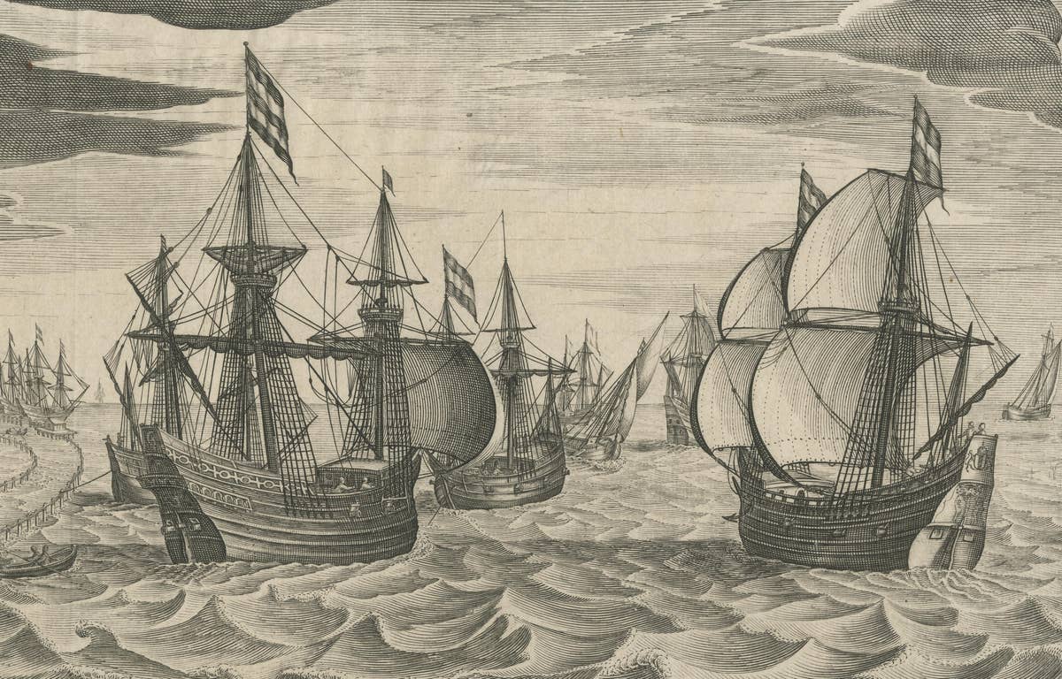 Antique Print of a Fleet of Nine Ships Departing to the East Indies '1603'