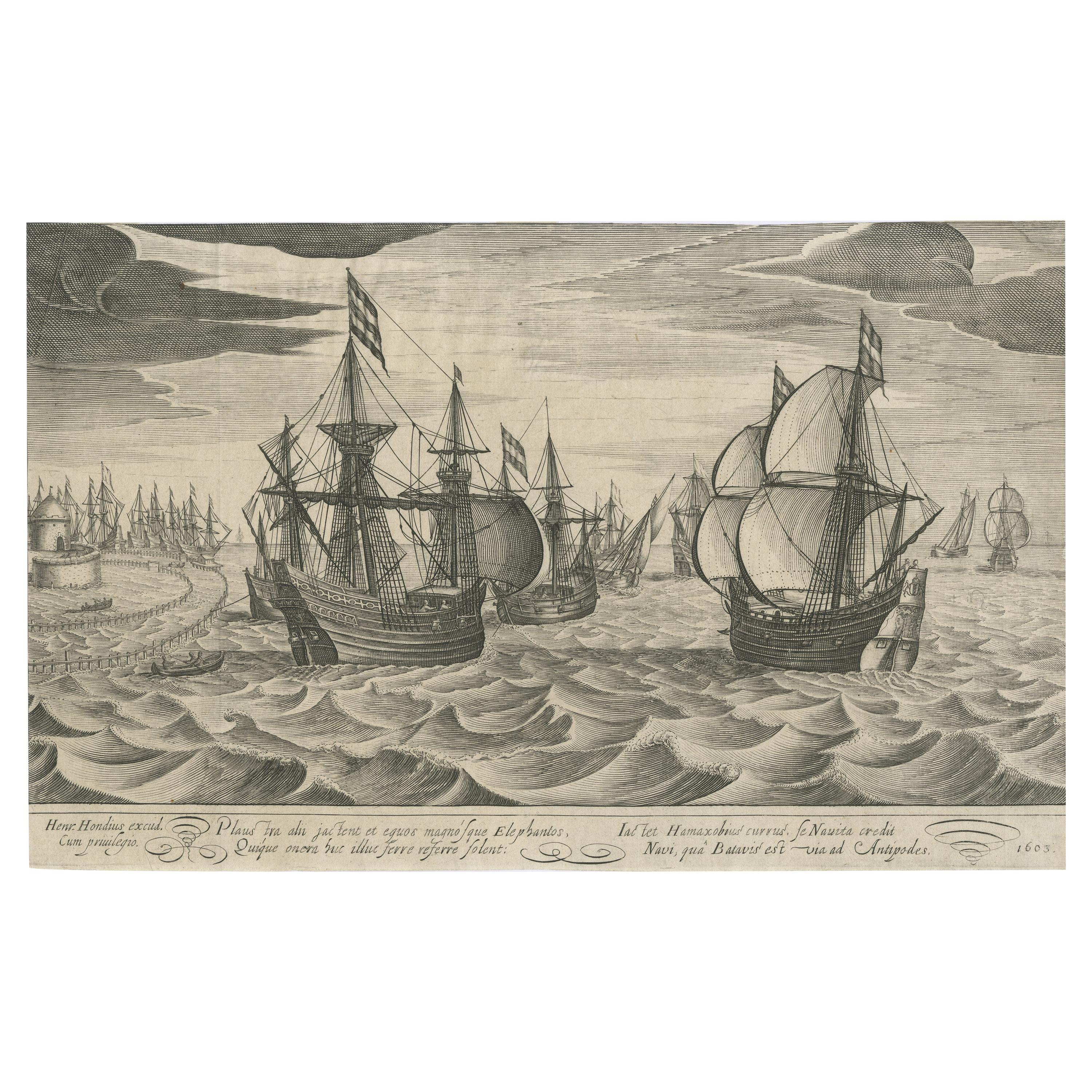 Antique Print of a Fleet of Nine Ships Departing to the East Indies '1603' For Sale