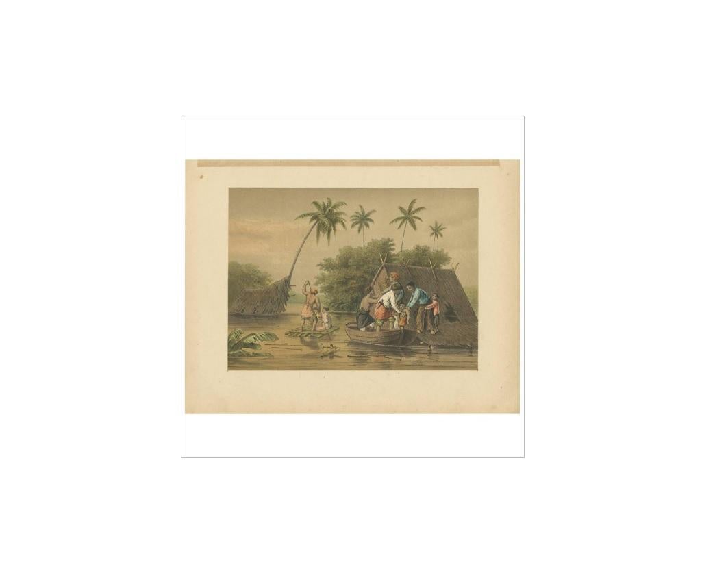Antique print of a flooding near Tegal, near the Tegal river on Java, Indonesia. This print originates from 'Het Kamerlid van Berkestein in Nederlandsch-Indie.', (translation: van Berkestein, member of the Dutch Parliament in the Dutch East-Indies.)