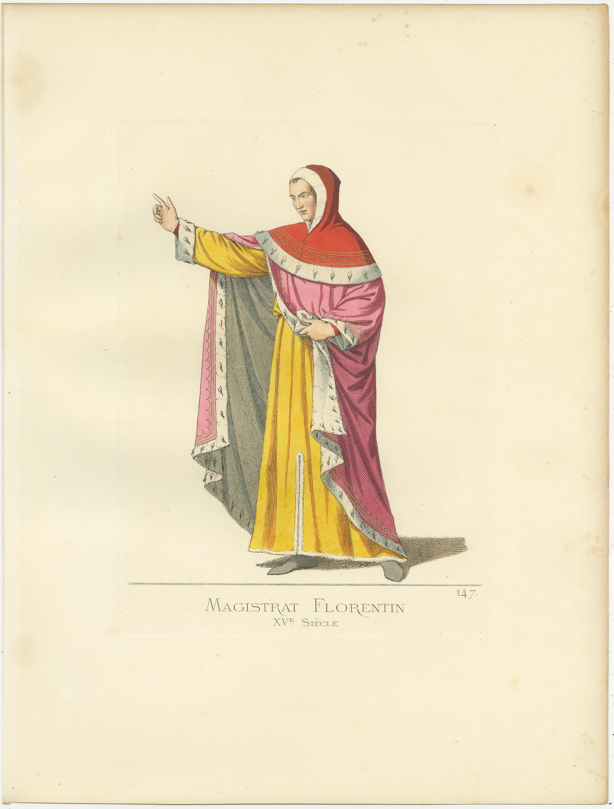 Antique Print of a Florentine Magistrate, 15th Century, by Bonnard, 1860 In Good Condition For Sale In Langweer, NL