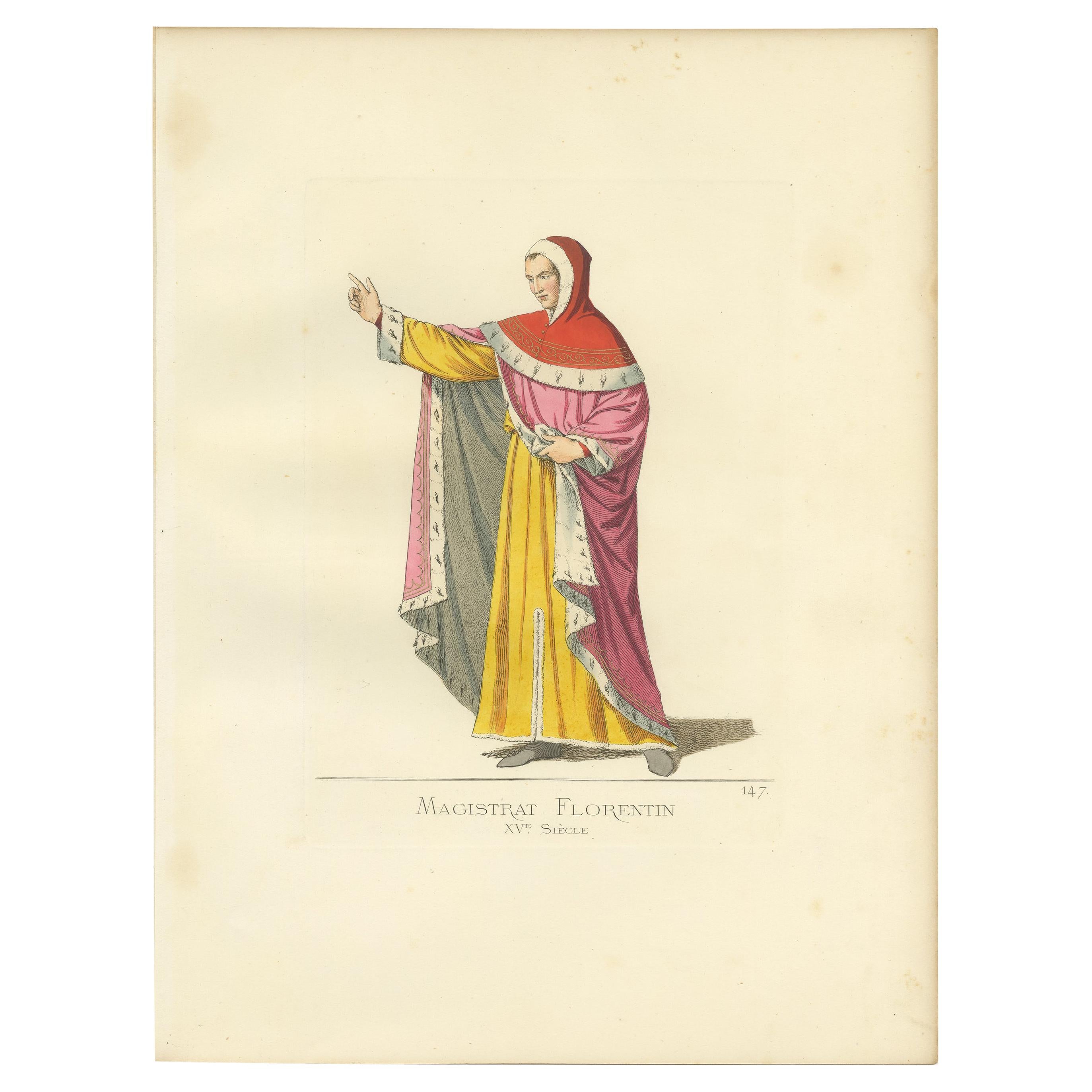 Antique Print of a Florentine Magistrate, 15th Century, by Bonnard, 1860 For Sale