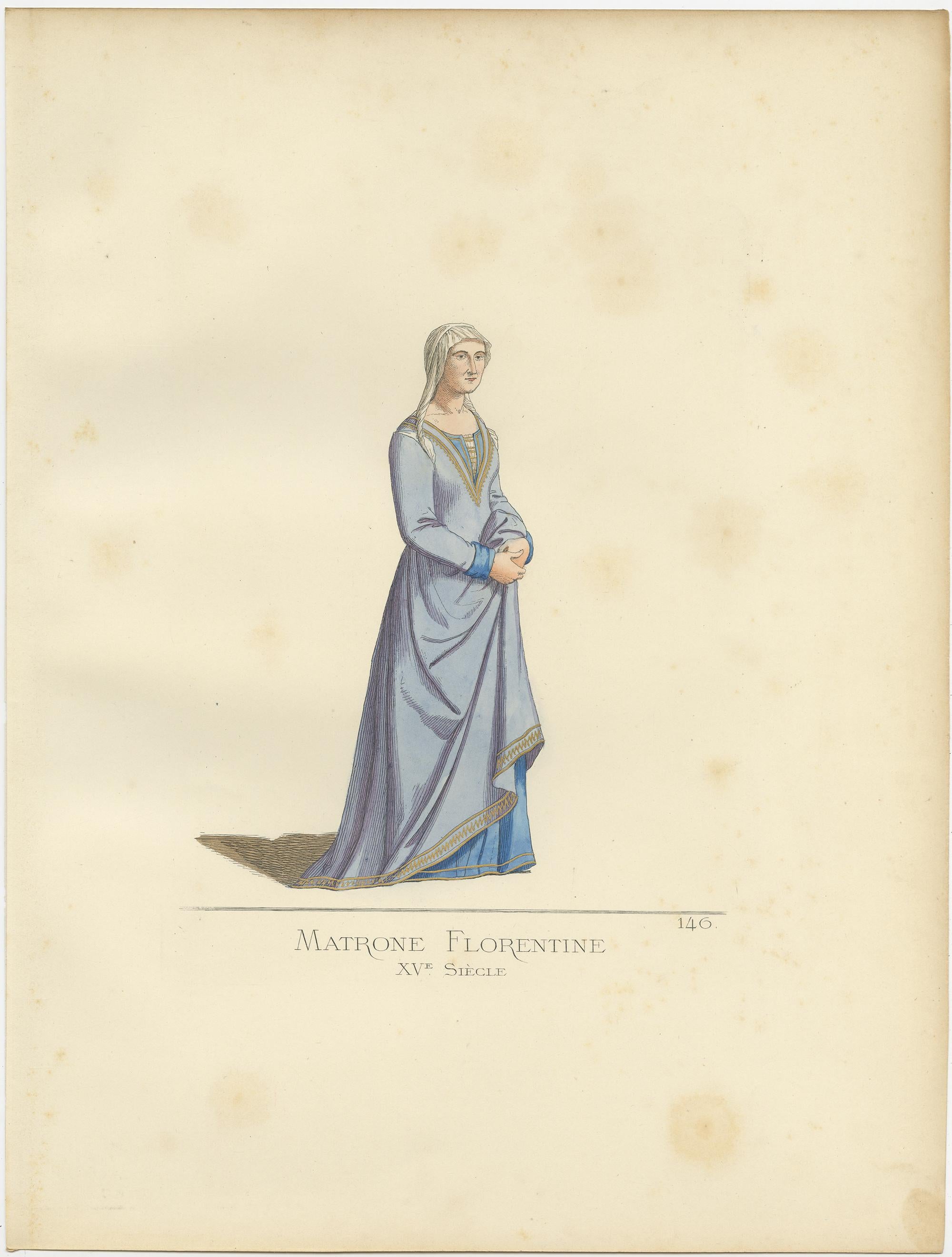 Antique print titled ‘Matrone Florentine, XVe Siecle.’ Original antique print of a Florentine Matrona, 15th century. This print originates from 'Costumes historiques de femmes du XIII, XIV et XV siècle' by C. Bonnard. Published, 1860.