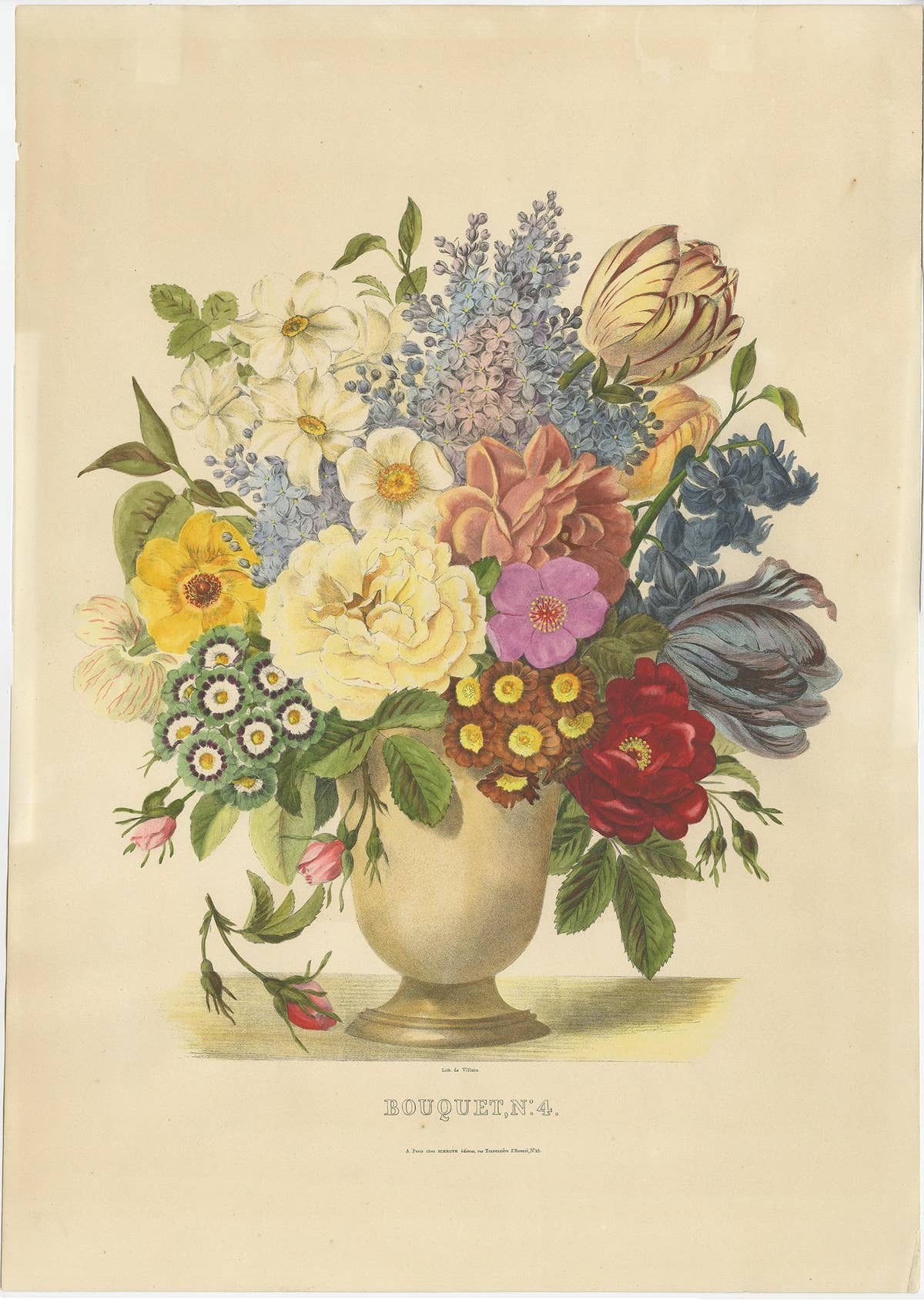 Antique Print of a Flower Bouquet by Villain, circa 1850