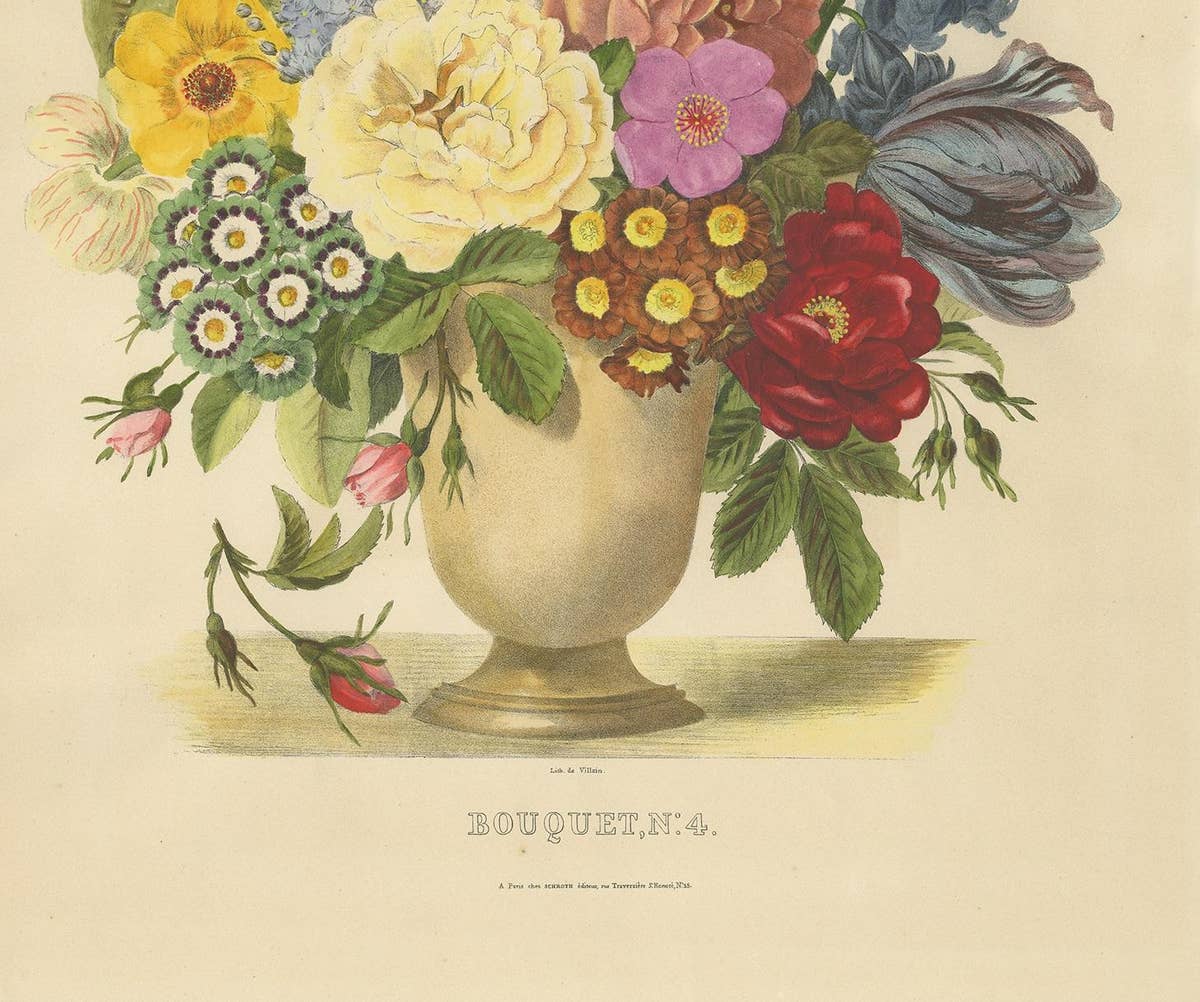 Antique Print of a Flower Bouquet by Villain, circa 1850