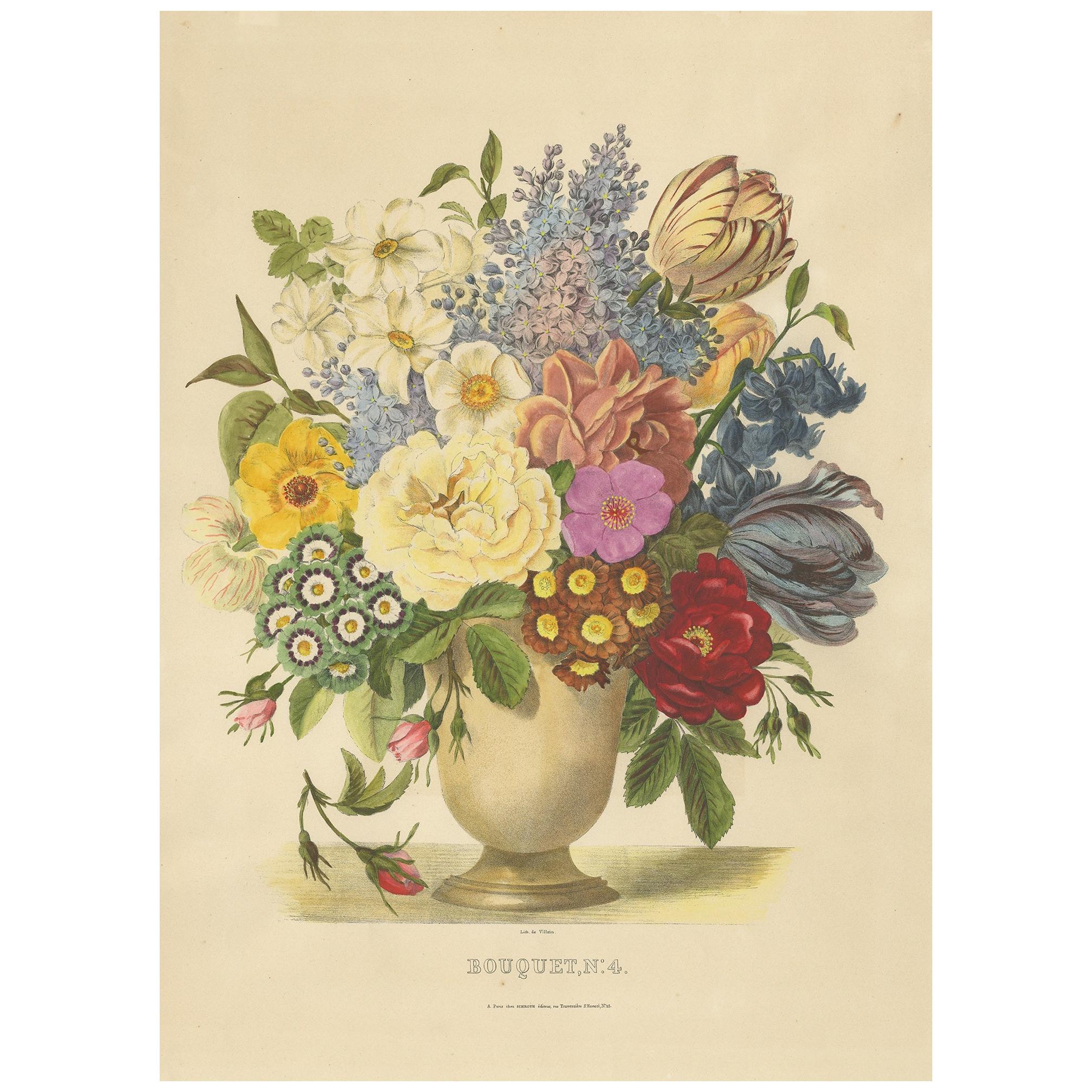 Antique Print of a Flower Bouquet by Villain, circa 1850