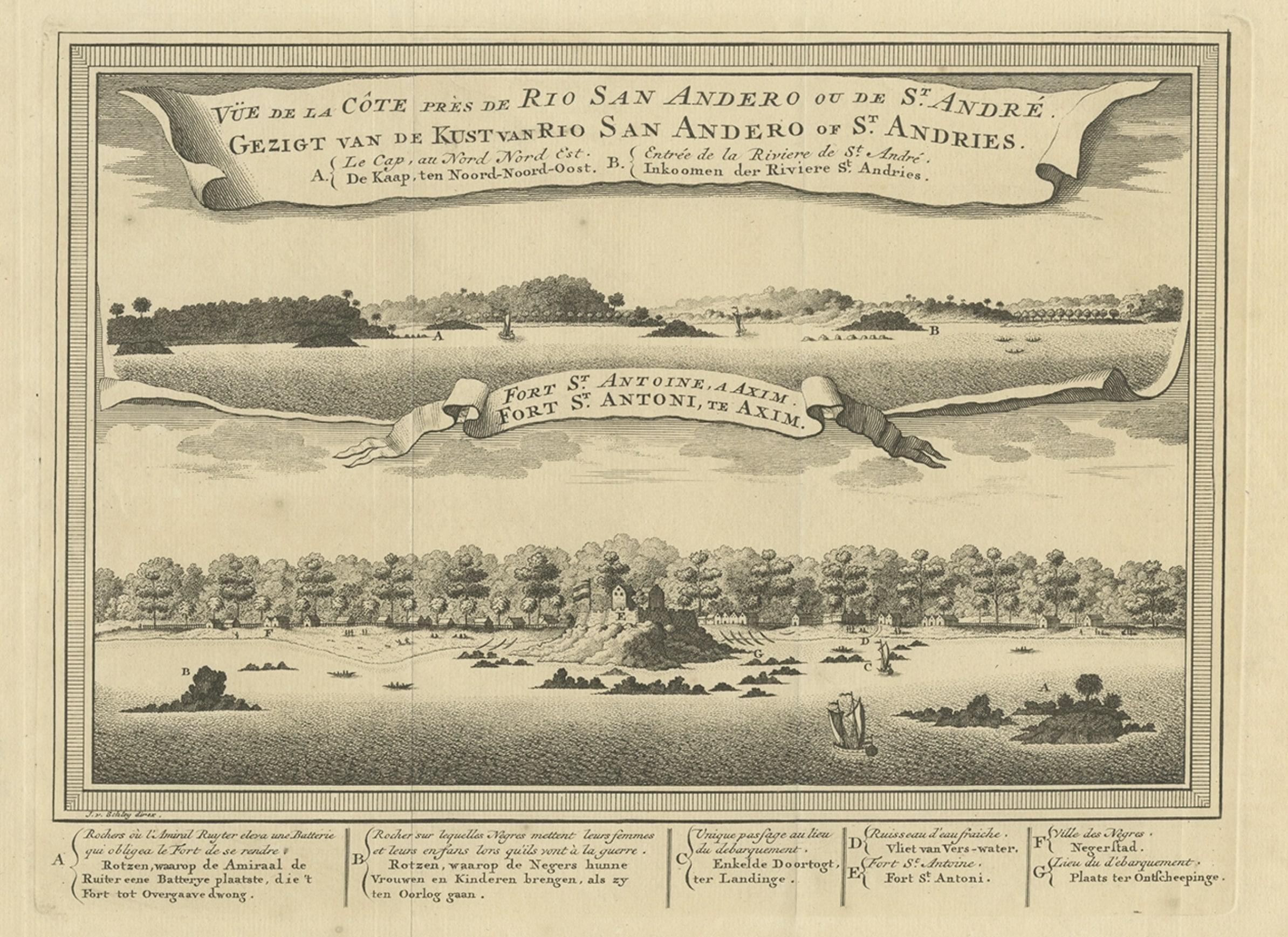 Papier Impression ancienne d'un Fort sur la côte ivoire et d'Axim, Afrique, 1748 en vente