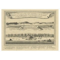 Antiker Druck eines Forts an der elfenbeinfarbenen Küste und Axim, Afrika, 1748