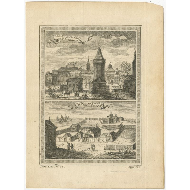 Antique print titled 'Vue de l'Ostrog du Waywode (..)'. Copper engraving of the Fortress of the voivode (local ruler) of Beryozovo, Siberia. Below, a view of the Prison of Prince Menshikov. This print originates from volume 18 of 'Histoire generale