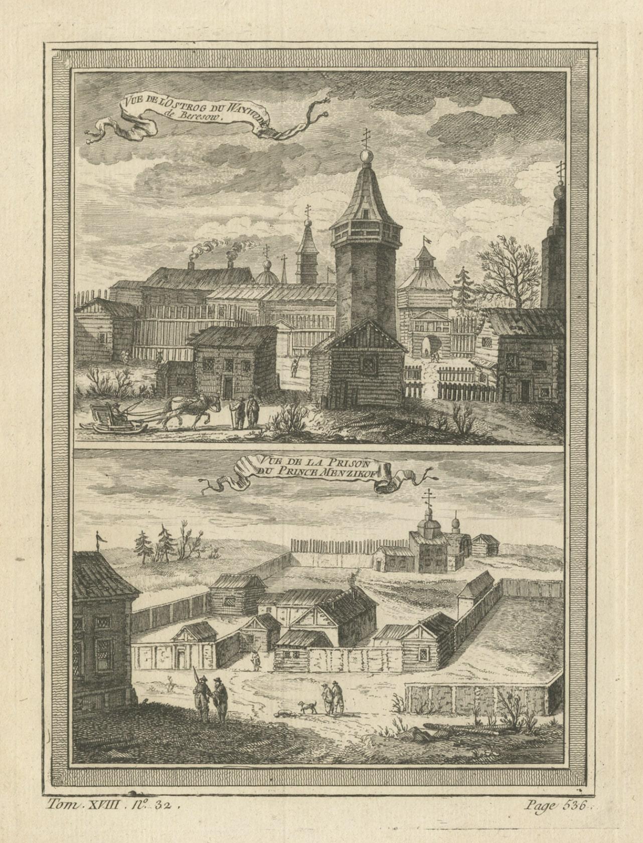 Papier Impression ancienne d'une forteresse et d'un prisonnier en Sibérie, Russie, 1768 en vente