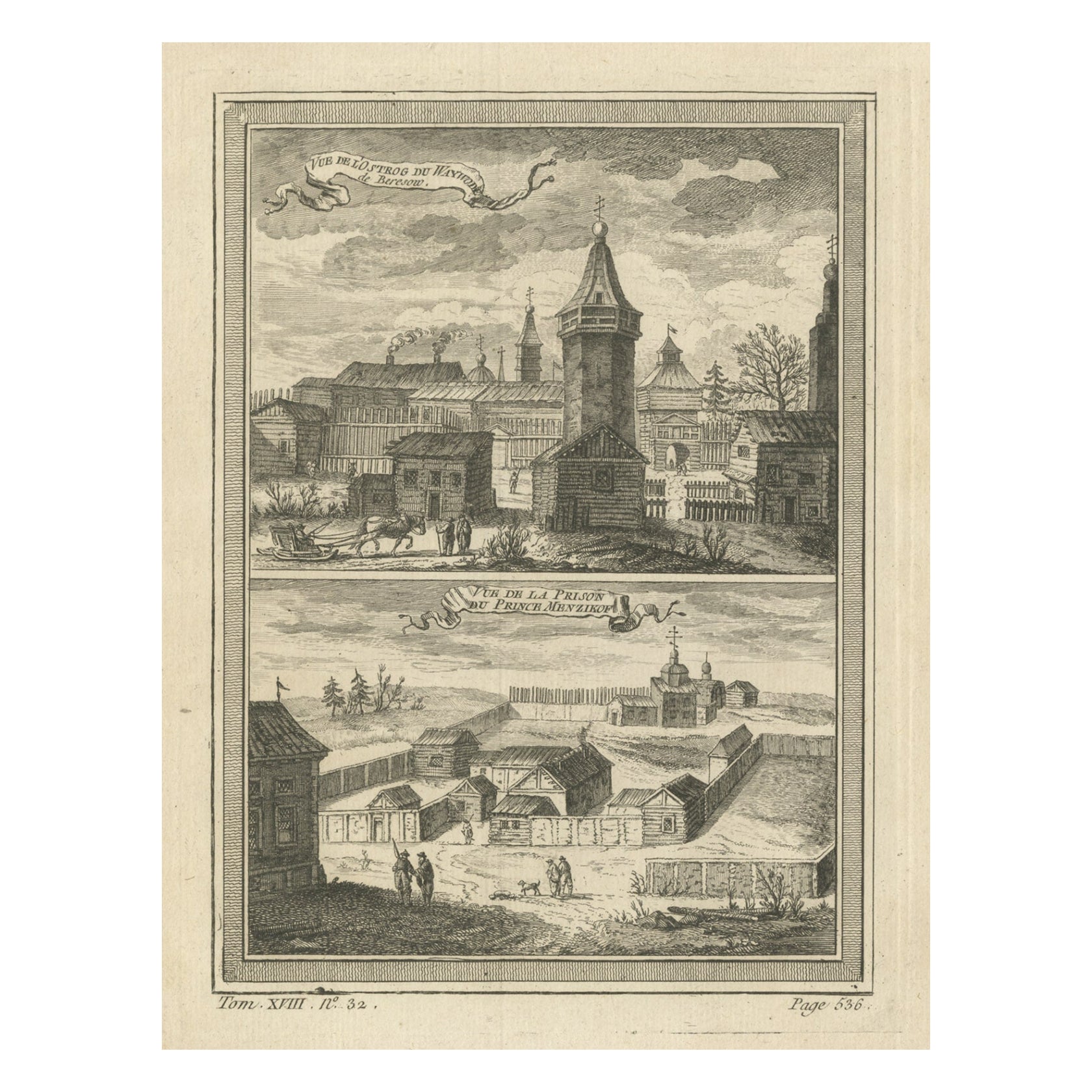 Impression ancienne d'une forteresse et d'un prisonnier en Sibérie, Russie, 1768
