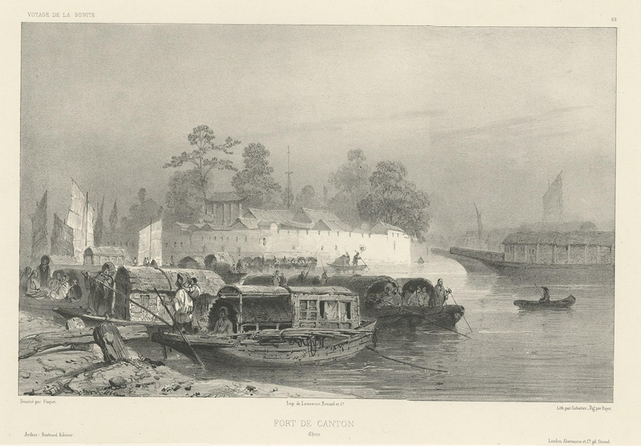 Paper Antique Print of a Fortress in Guangzhou in China, c.1850 For Sale