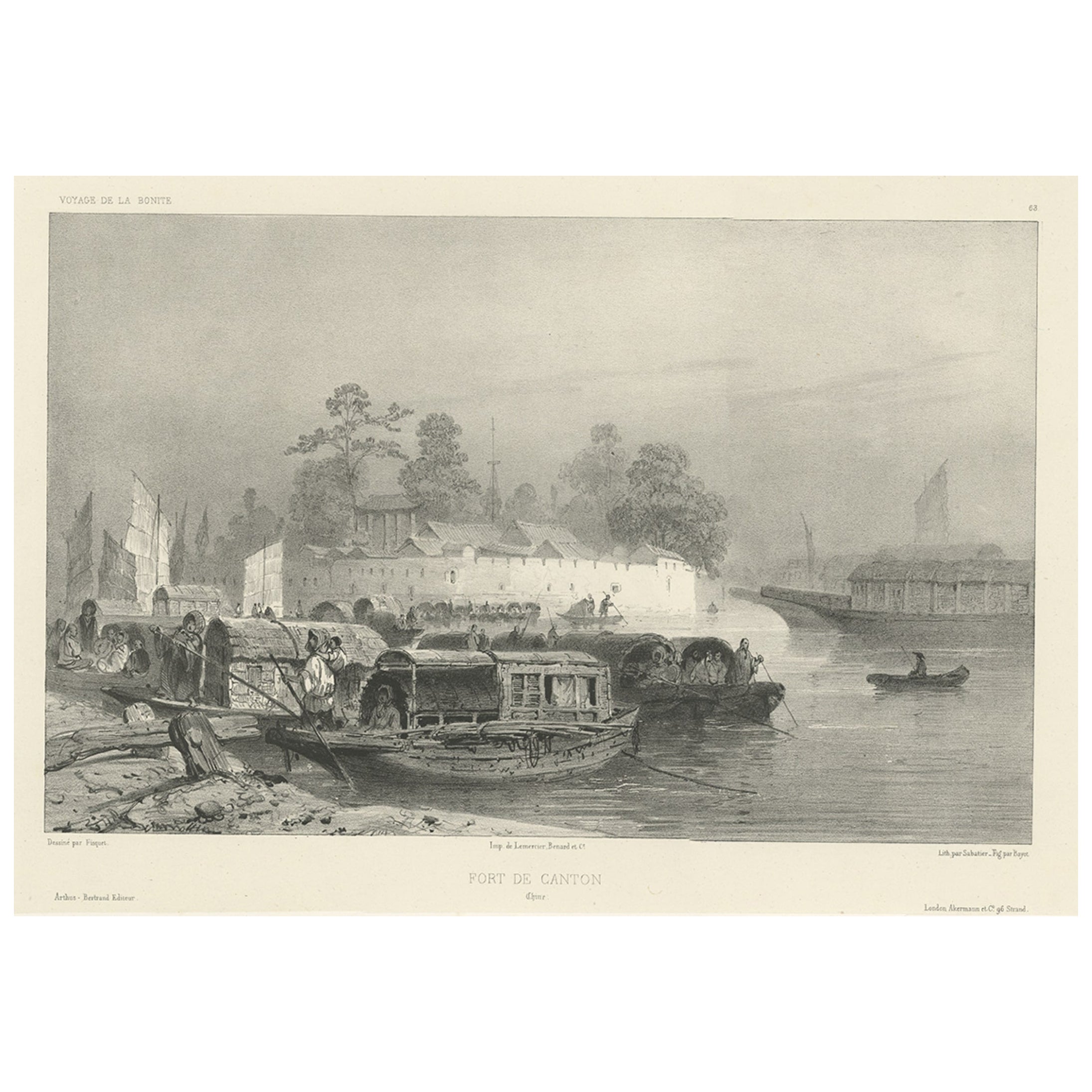 Impression ancienne d'une forteresse à Guangzhou en Chine, vers 1850
