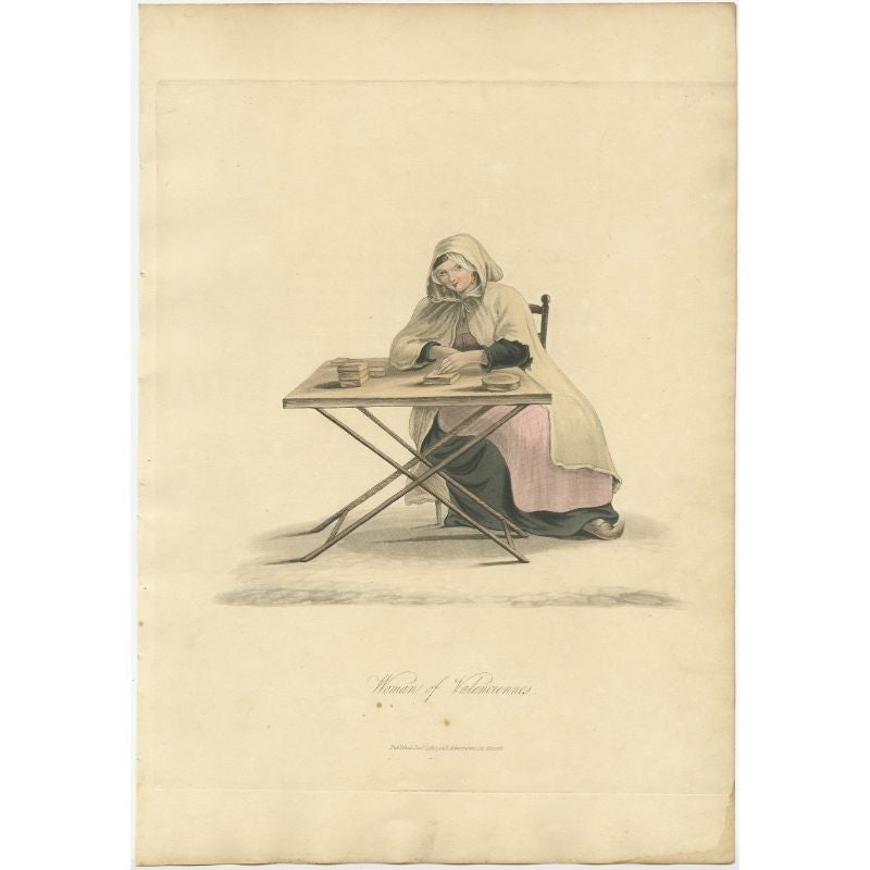 Antique costume print titled 'Woman of Valenciennes'. Old costume print depicting a Woman of Valenciennes. This print originates from 'The Costume of the Netherlands displayed in thirty coloured engravings'. 

Artists and Engravers: Made after