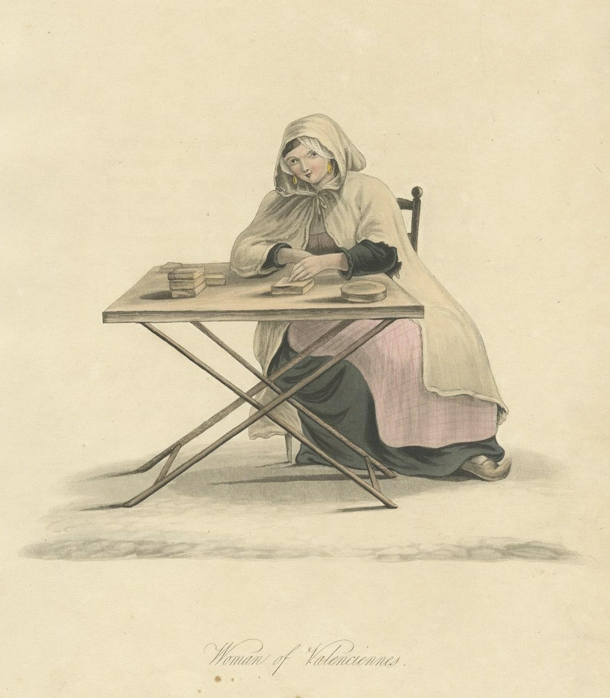 Paper Antique Print of a Fortune Teller Woman of Valenciennes, France, 1817 For Sale