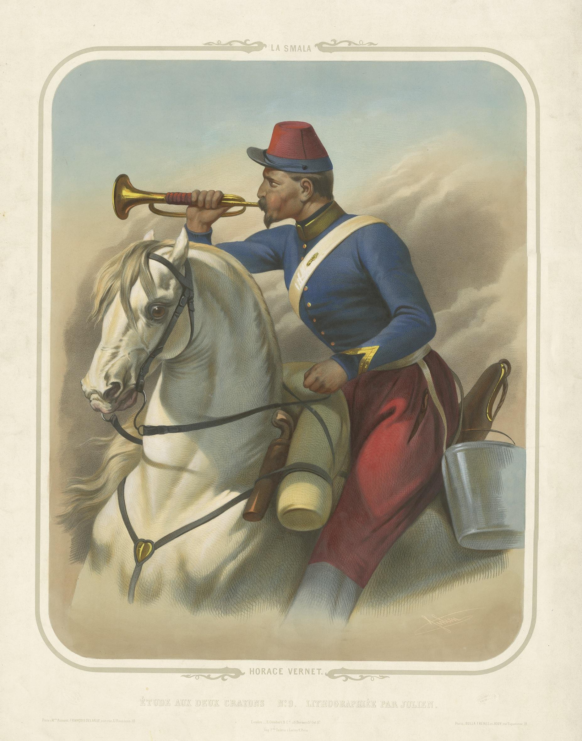 Gravure ancienne intitulée 'La Smala - Étude aux deux Crayons No. 9 Lithographiée par Julien'. Grande lithographie d'un cavalier français avec une trompette. Issu d'une série illustrant la bataille de la Smala, livrée en 1843 entre la France et les