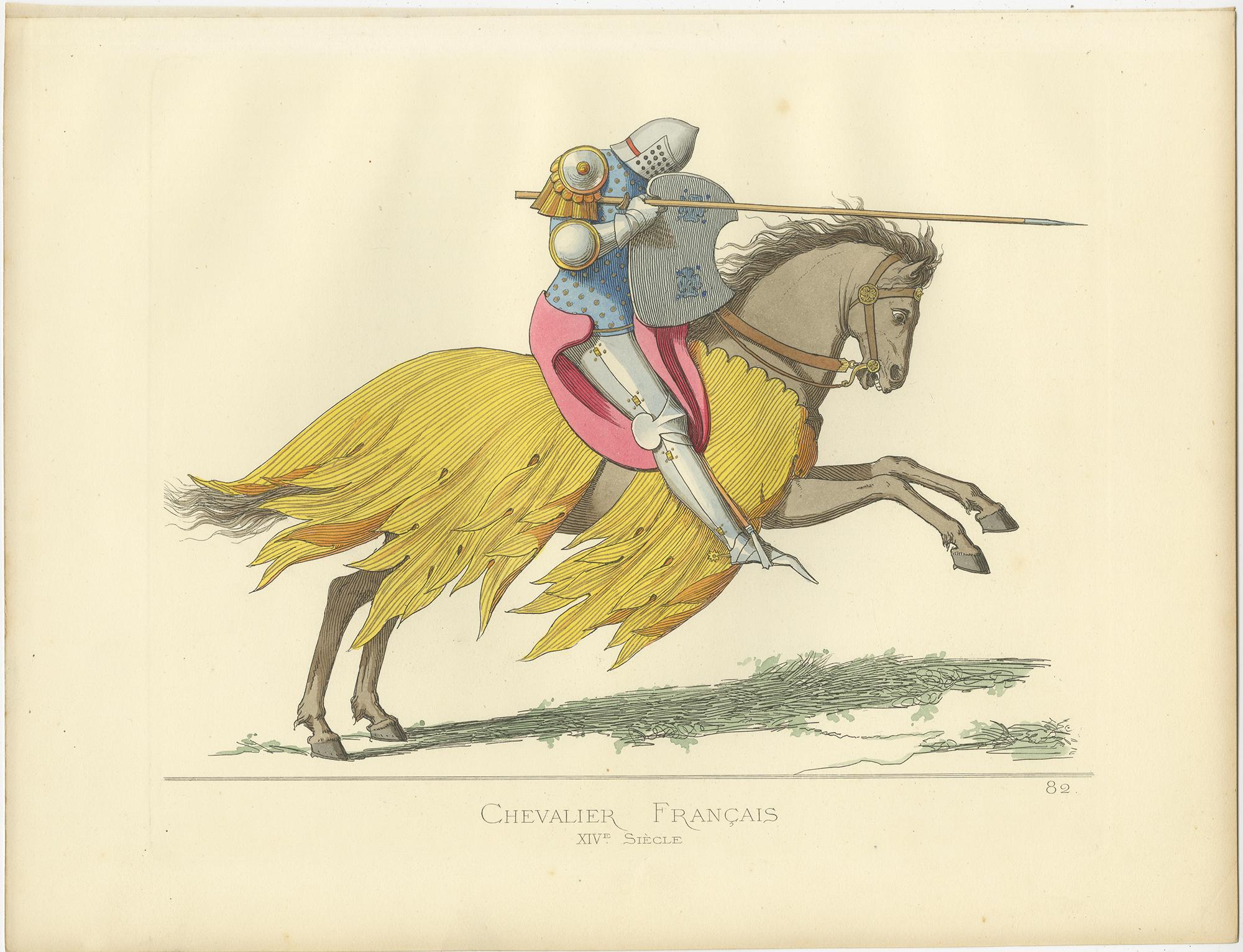 Antique Print of a French Knight, 14th Century, by Bonnard, 1860 In Good Condition In Langweer, NL