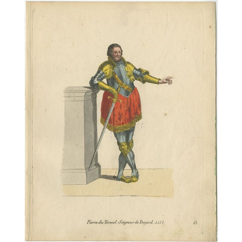 Antique costume print titled 'Pierre du Terrail, Seigneur de Bayard. 1517'. This print depicts Pierre Terrail, a French knight, generally known as the Chevalier de Bayard. Originates from a rare costume book titled 'Sammlung von Trachten bey