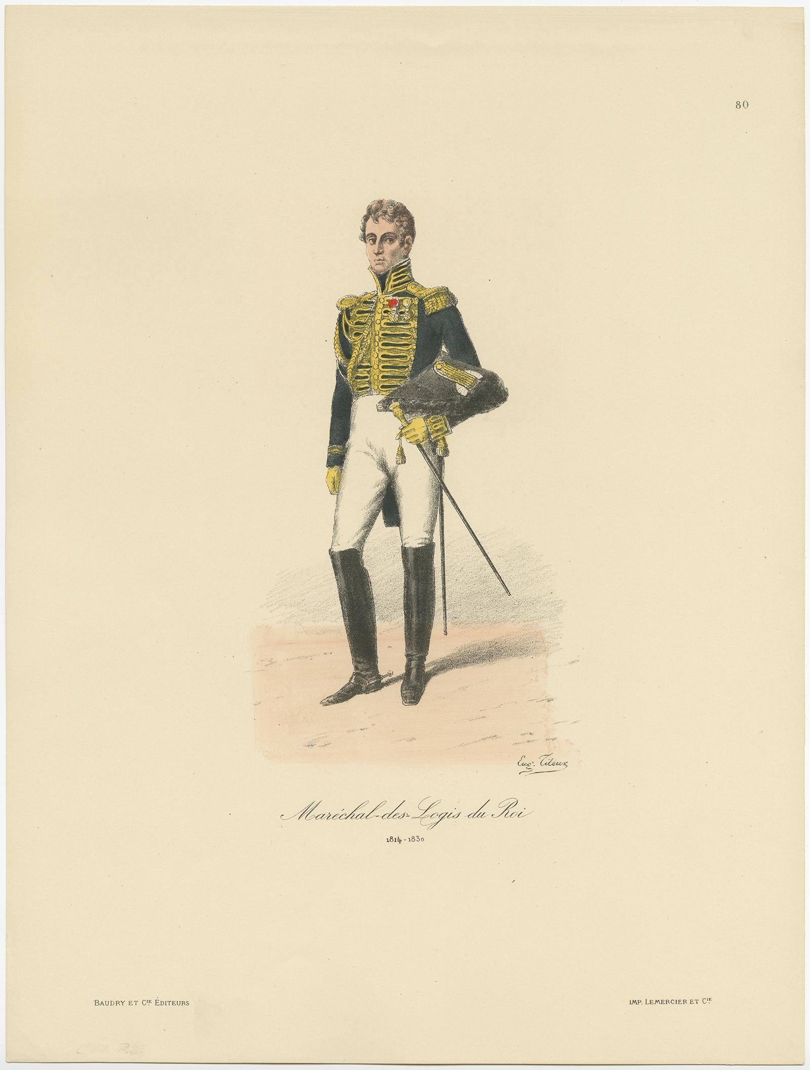 Antique print titled 'Maréchal-des-Logis du Roi'. Old print of a French marshal. This print originates from 'Histoire de la maison militaire du roi de 1814 à 1830 : avec un résumé de son organisation et de ses campagnes sous l'ancienne monarchie, et