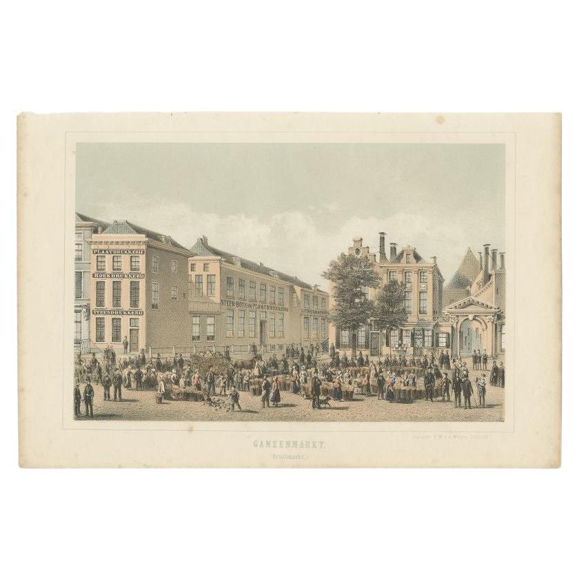 Antique Print of a Fruit Market in Utrecht, The Netherlands, 1859 For Sale