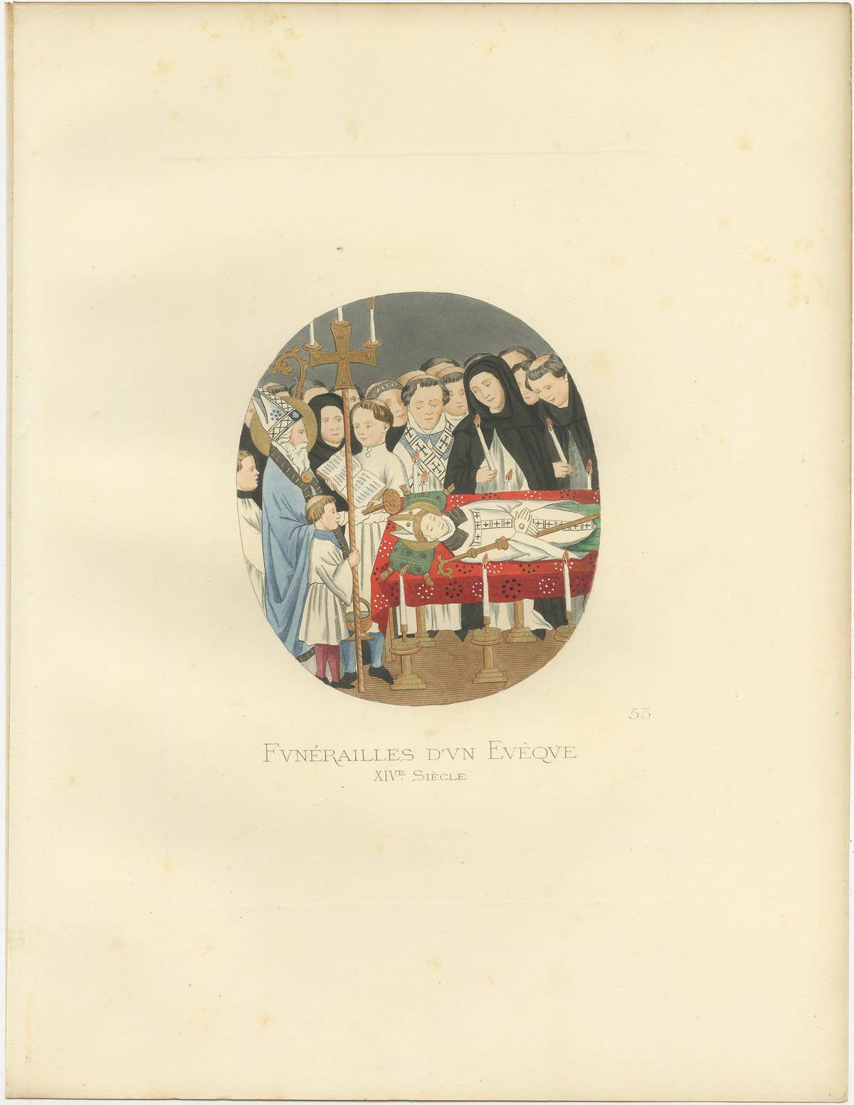 Antique Print of a Funeral of an Italian Bishop, 14th Century, by Bonnard, 1860