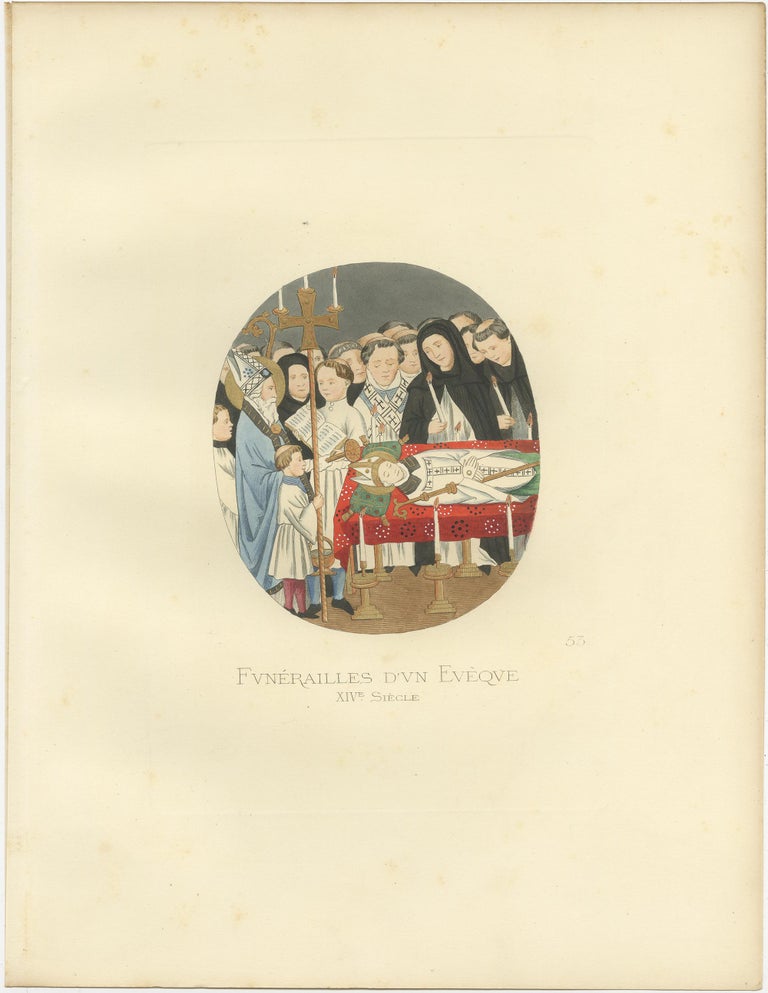 Antique Print of a Funeral of an Italian Bishop, 14th Century, by Bonnard, 1860 In Good Condition For Sale In Langweer, NL
