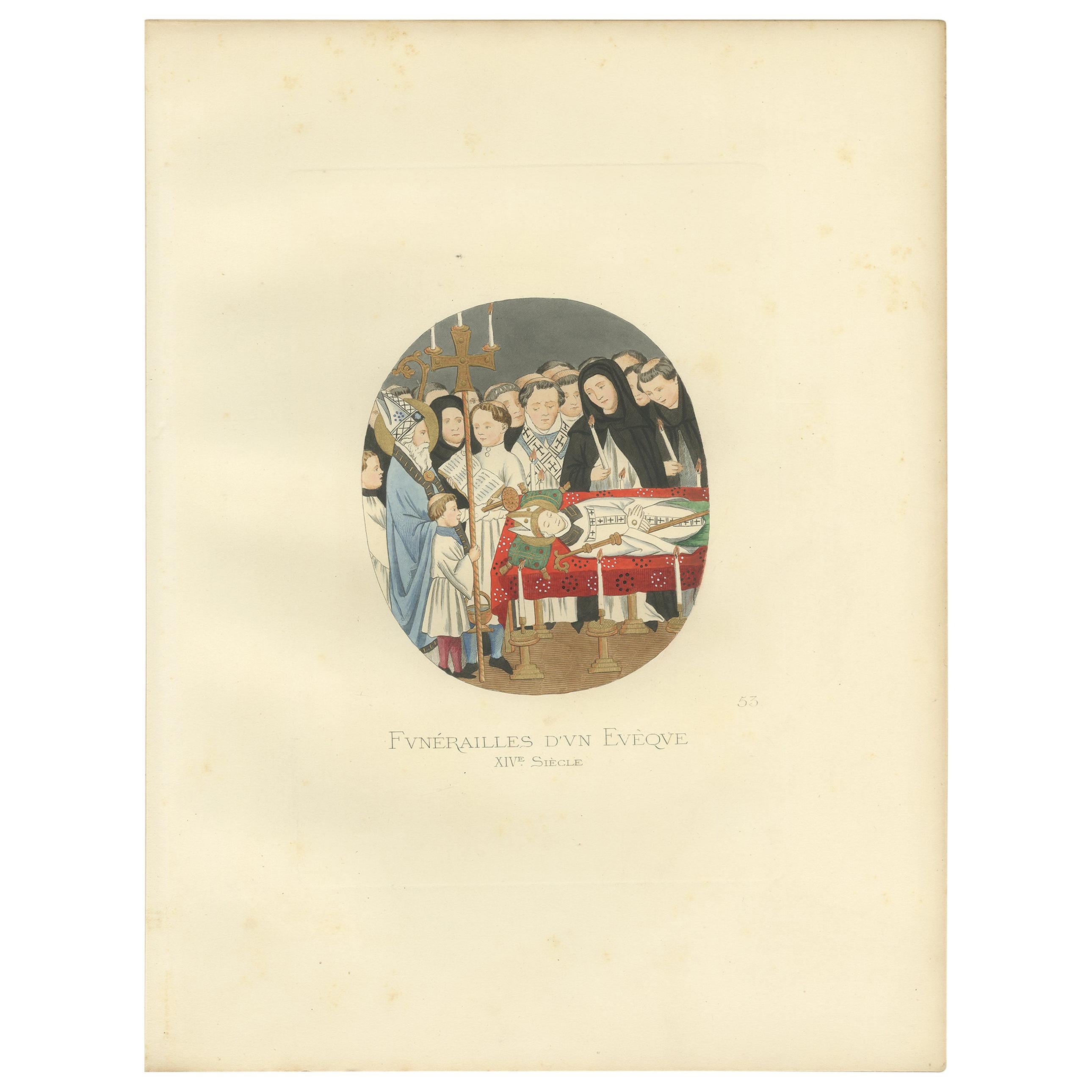 Antique Print of a Funeral of an Italian Bishop, 14th Century, by Bonnard, 1860 For Sale