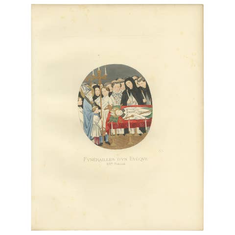 Antique Print of a Funeral of an Italian Bishop, 14th Century, by Bonnard, 1860