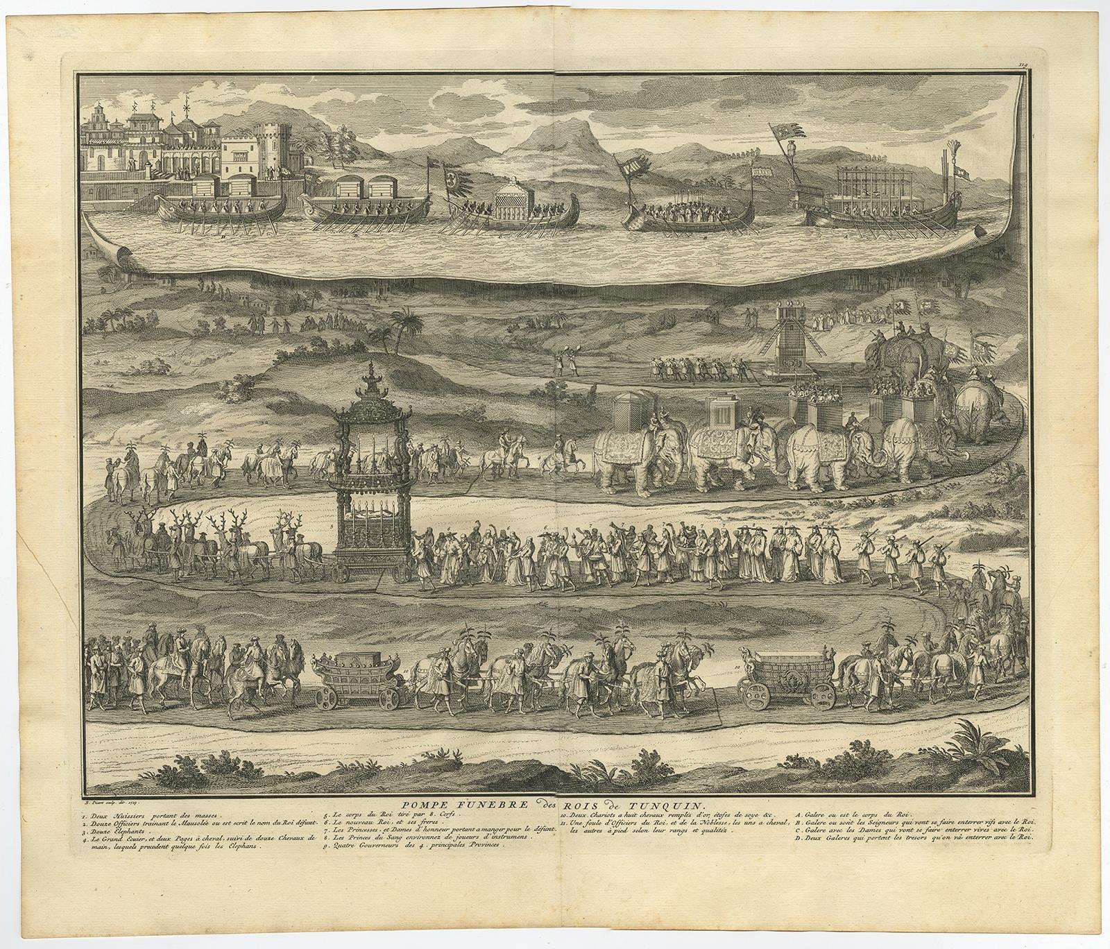 Description: Antique print, titled: 'Pompe Funebre des Rois de Tunquin' - This plate shows a funeral procession of the Kings of Vietnam (formerTunquin or Tonkin). With ships, horses, elephants, deer etc.

Source unknown, to be determined.

Artists