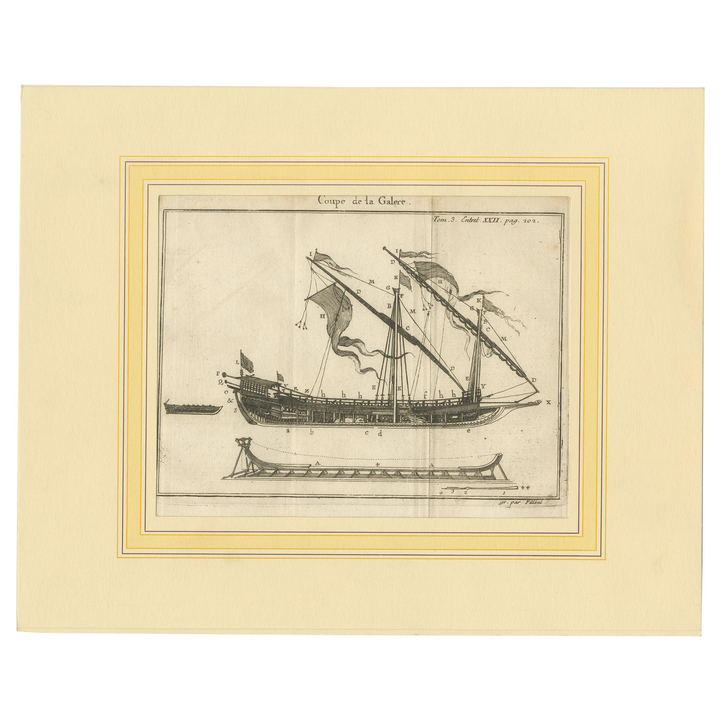 Antique Print of a Galley Cross Section by Pluche '1735'