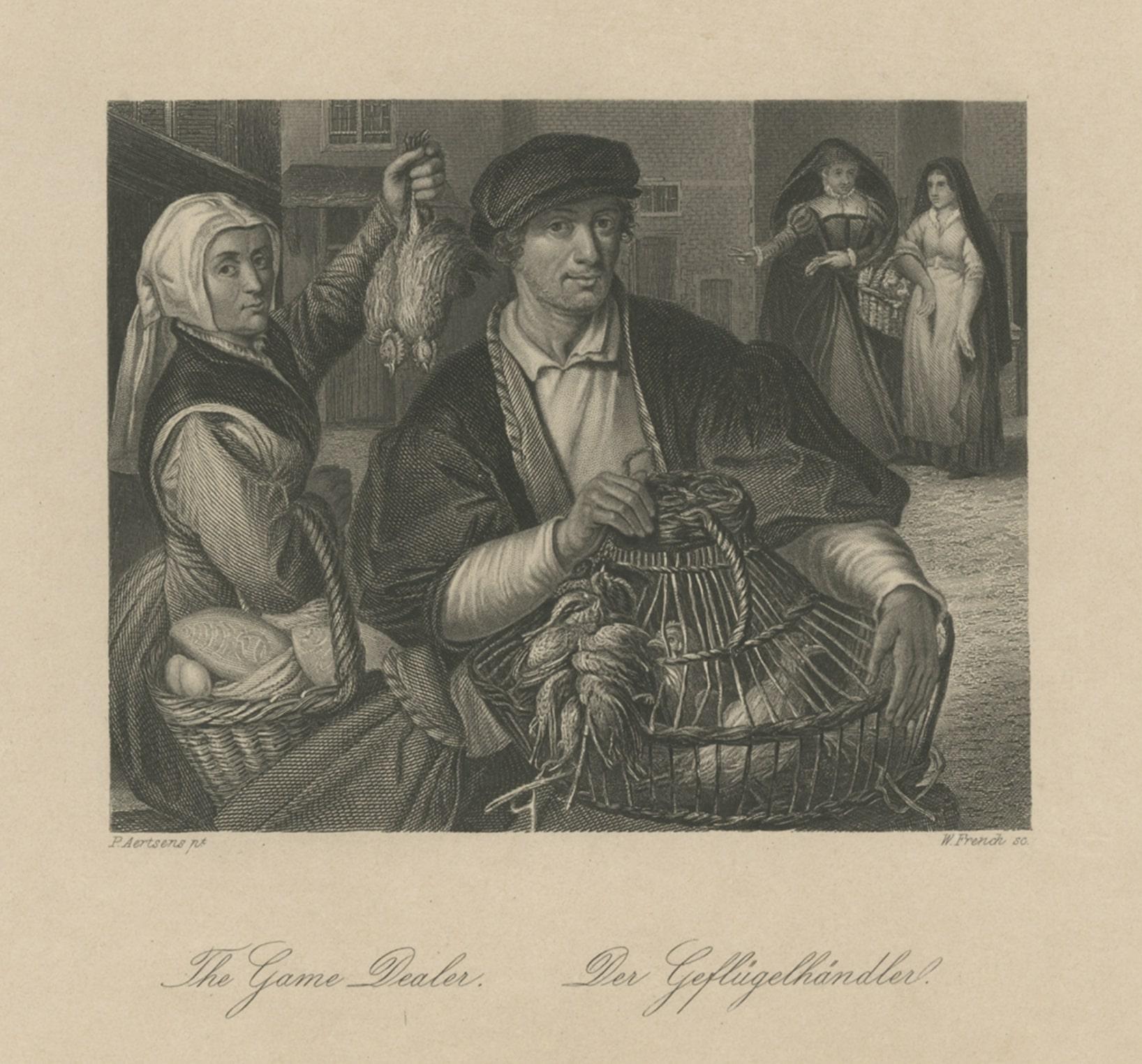 Gravure ancienne d'un marchand de gibier, c.1850