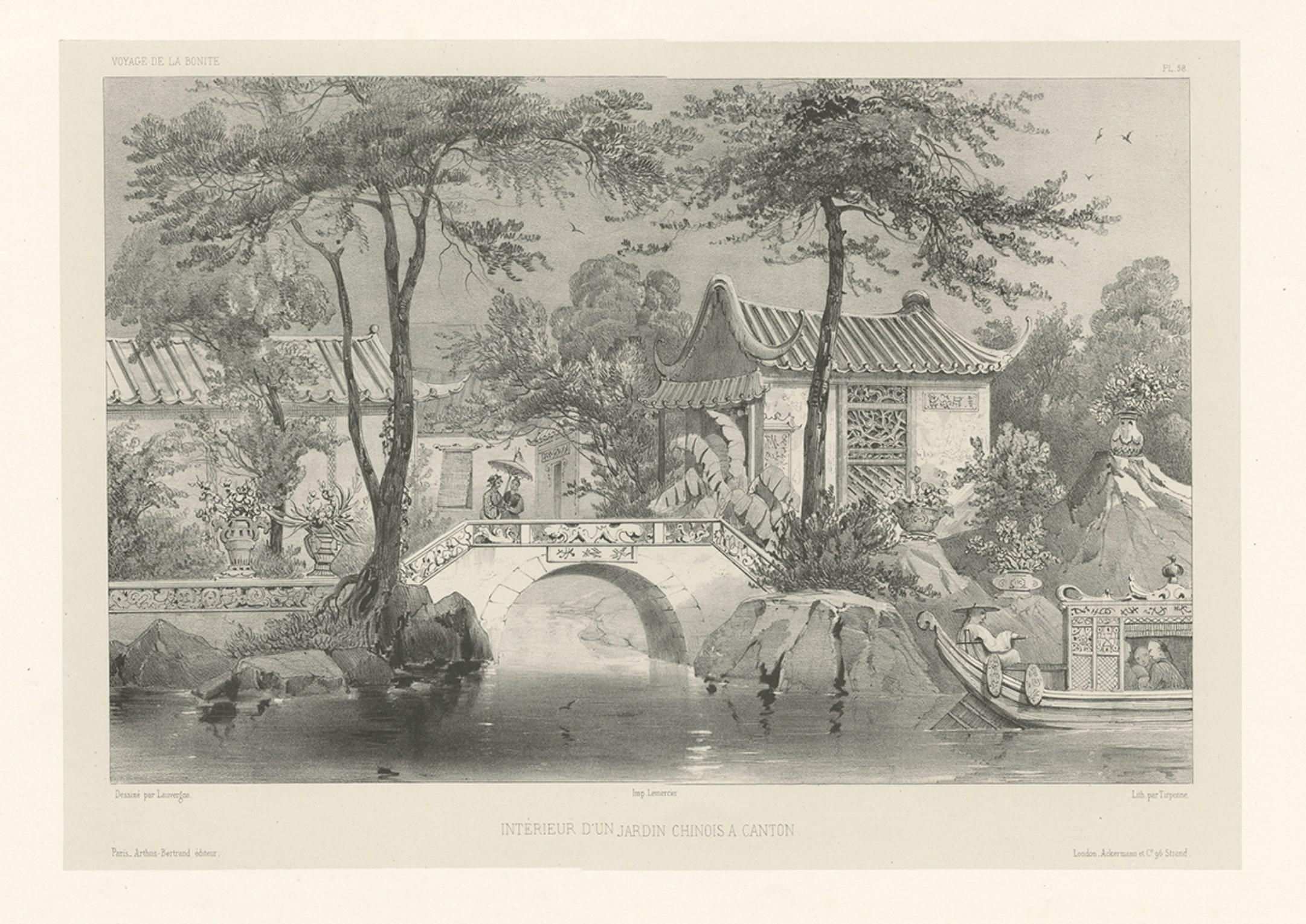 Grabado antiguo de un Jardín en Guangzhou (China), hacia 1850 Papel en venta
