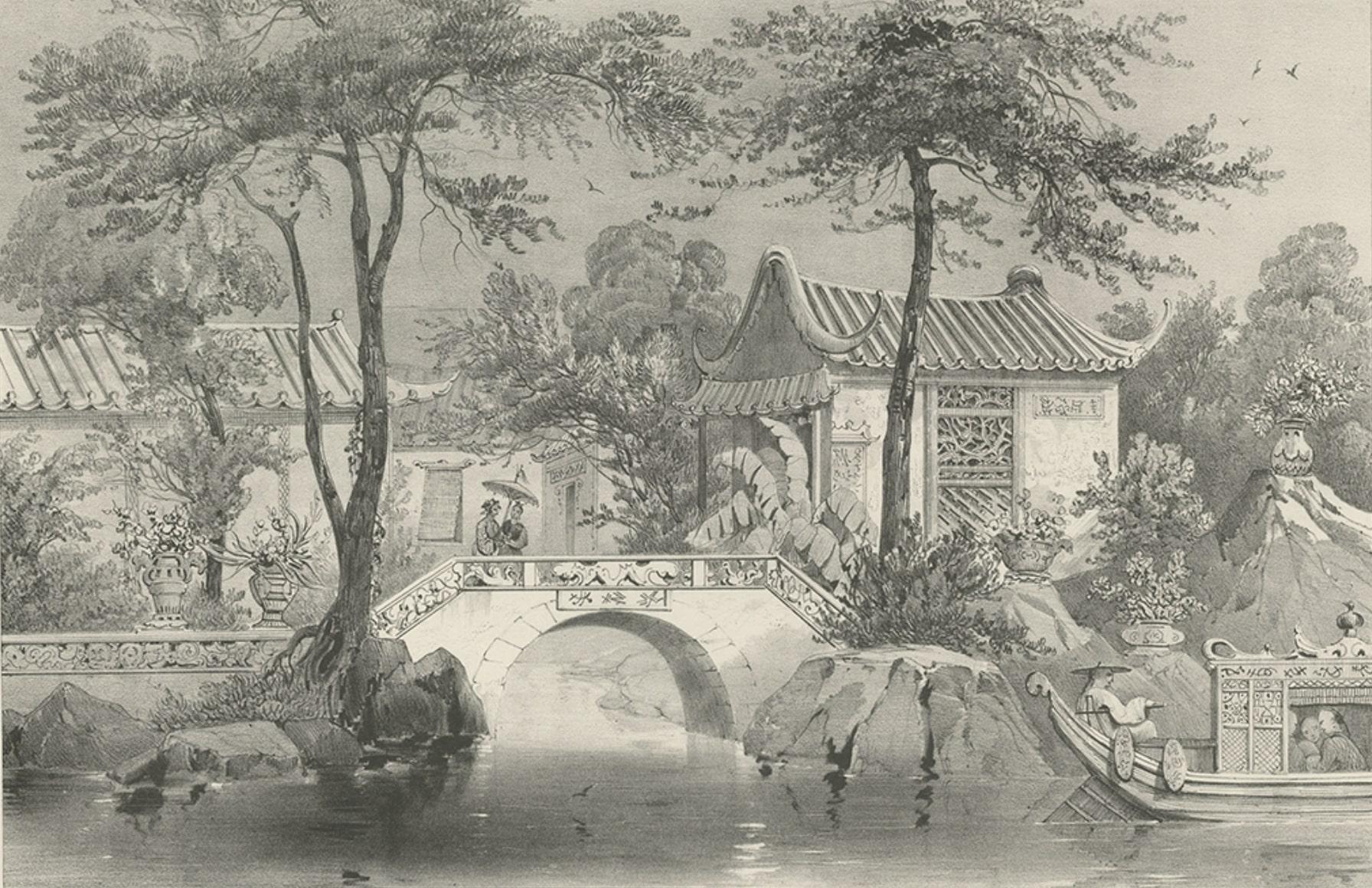 Grabado antiguo de un Jardín en Guangzhou (China), hacia 1850 en venta 1