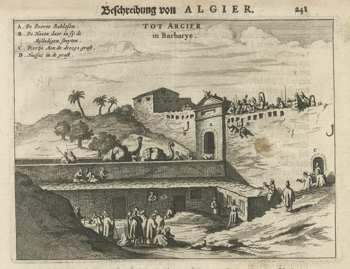 18th Century and Earlier Antique Print of Gate of the City of Algiers with Person Hanging on Hook, 1670 For Sale