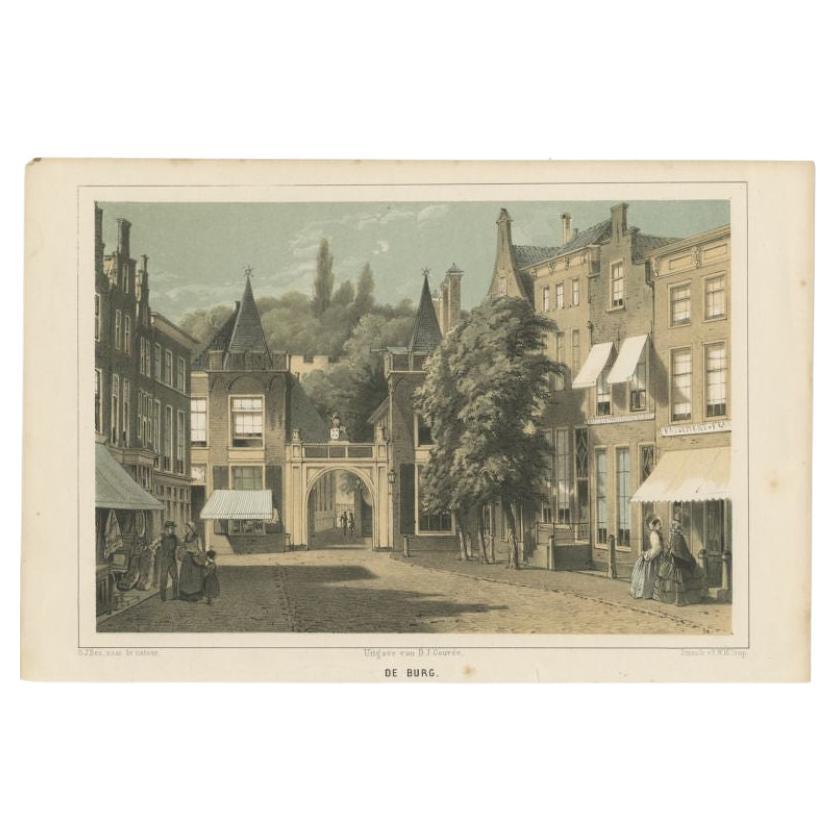 Stampa antica di una porta del Burcht di Leida, Paesi Bassi, 1859