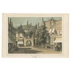 Antique Print of a Gate to the Burcht of Leiden, The Netherlands, 1859