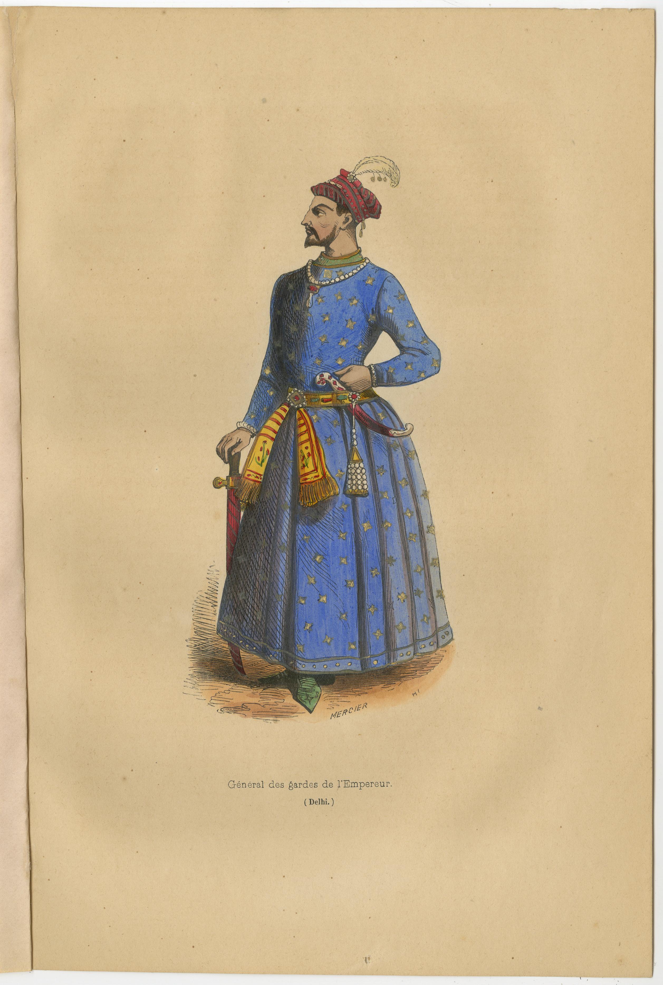 Antiker Kostümdruck mit dem Titel 'General des Gardes de l 'Empereur (Delhi)'. Antiker Originaldruck eines Generals der kaiserlichen Garde. Dieser Druck stammt aus 