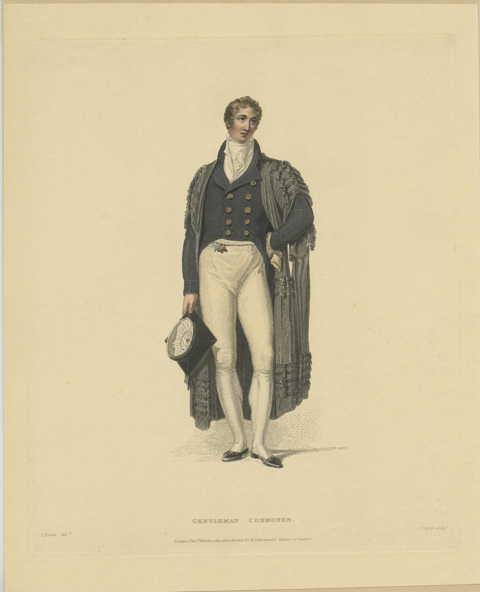 Antique print titled 'Gentleman Commoner'. Portrait of a gentleman-commoner, made after a drawing by Thomas Uwins. This print originates from 'Ackermann's History of Oxford and History of Cambridge'. 

Artists and Engravers: Printed for R.