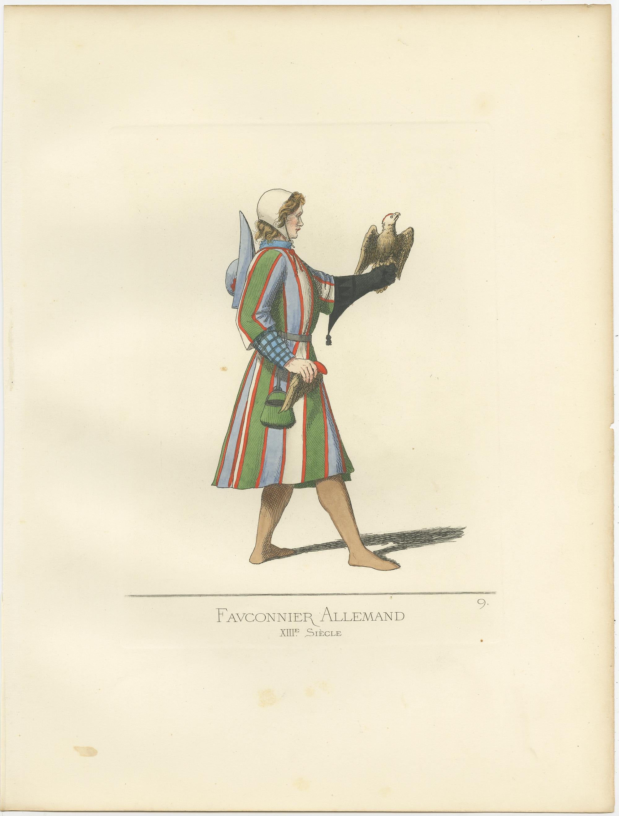 Antique print titled ‘Fauconnier Allemand, XIIIe Siecle.’ Original antique print of a German falconer. This print originates from 'Costumes historiques de femmes du XIII, XIV et XV siècle' by C. Bonnard. Published 1860.