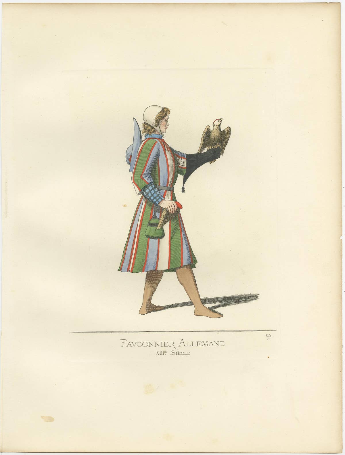 Fauconnier Allemand, XIIIe Siecle Antique Print, 1860, Historical Art