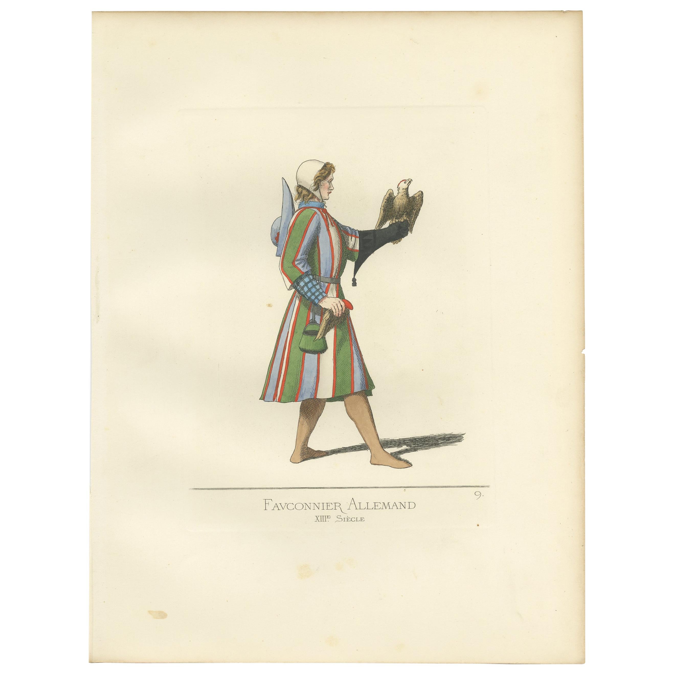 Antique Print of a German Falconer by Bonnard, 1860 For Sale
