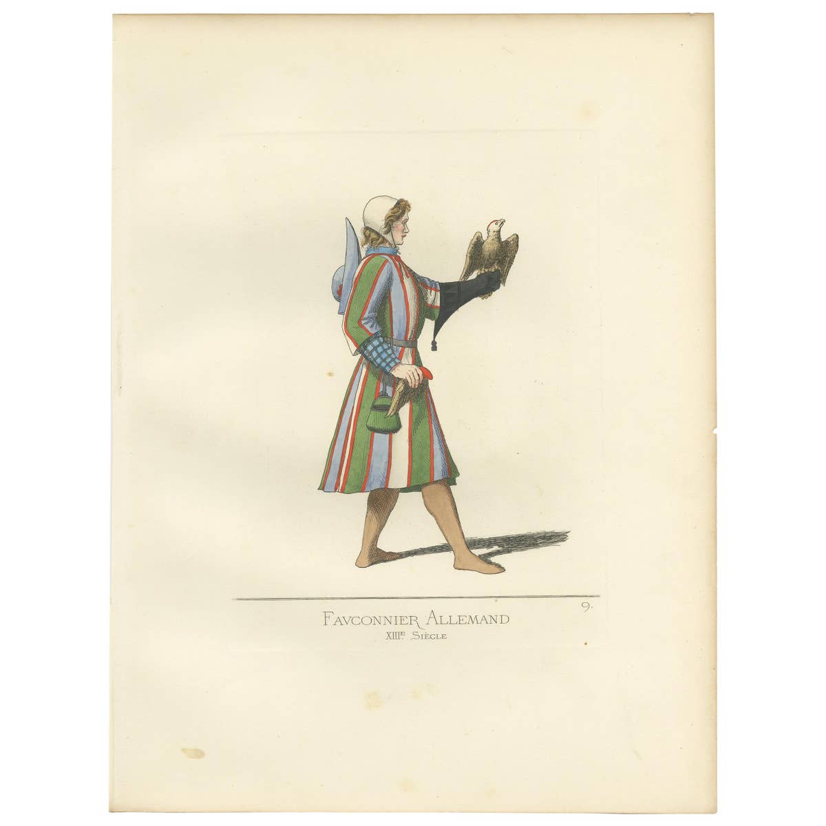 Fauconnier Allemand, XIIIe Siecle Antique Print, 1860, Historical Art