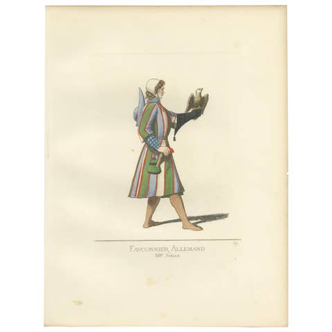Fauconnier Allemand, XIIIe Siecle Antique Print, 1860, Historical Art