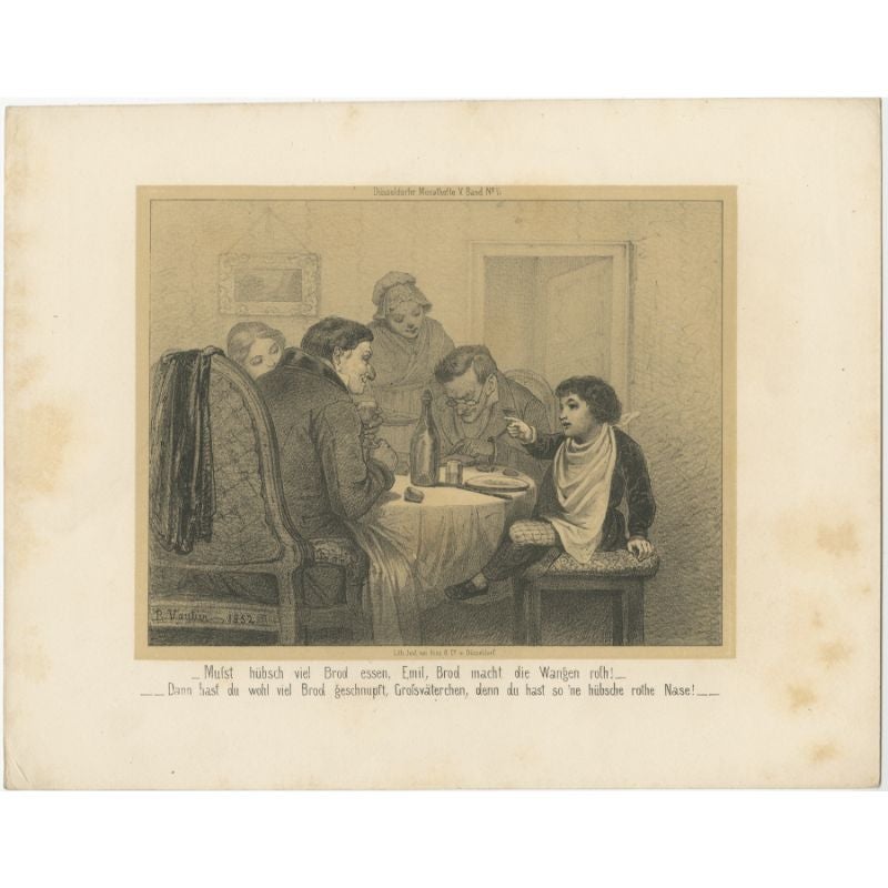 Original lithograph of a family having dinner. German text below title. This print originates from 'Düsseldorfer Moanathefte', published circa 1860. 

Artists and Engravers: Anonymous.

Condition: Fair/good, general age-related toning. Shows