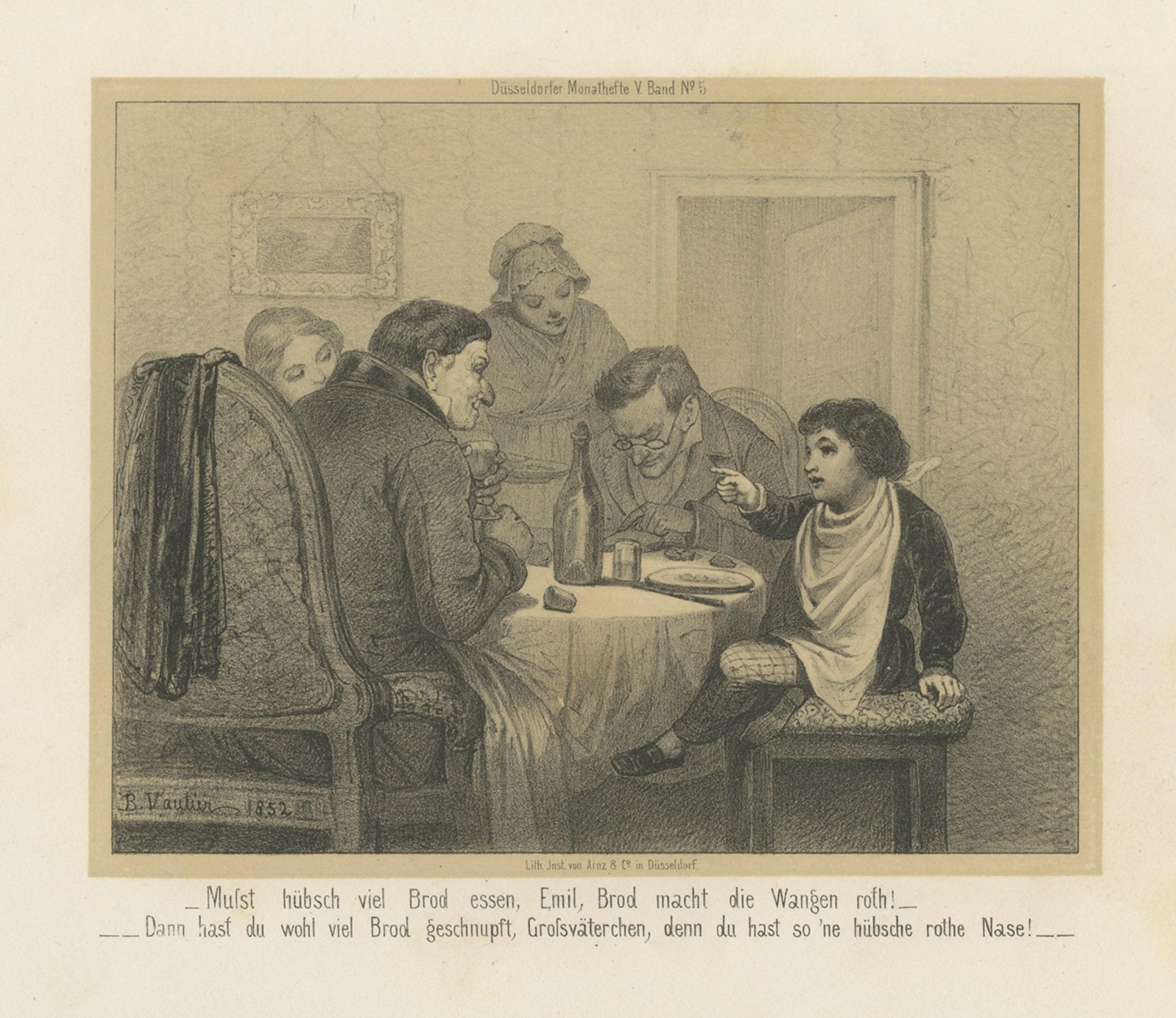 Paper Antique Print of a German Family Having Dinner, C.1860 For Sale