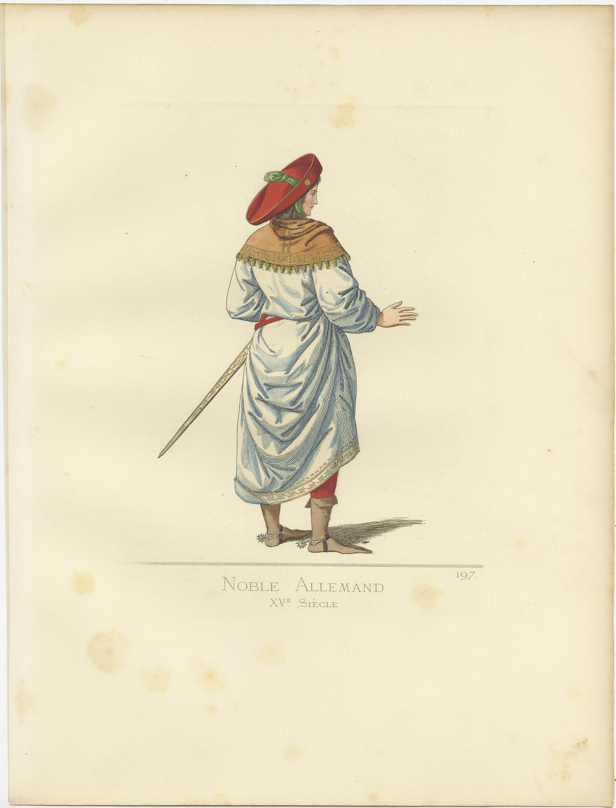 Antique print titled ‘Noble Allemand, XVe Siecle.’ Original antique print of a German nobleman, 15th century. This print originates from 'Costumes historiques de femmes du XIII, XIV et XV siècle' by C. Bonnard. Published, 1860.