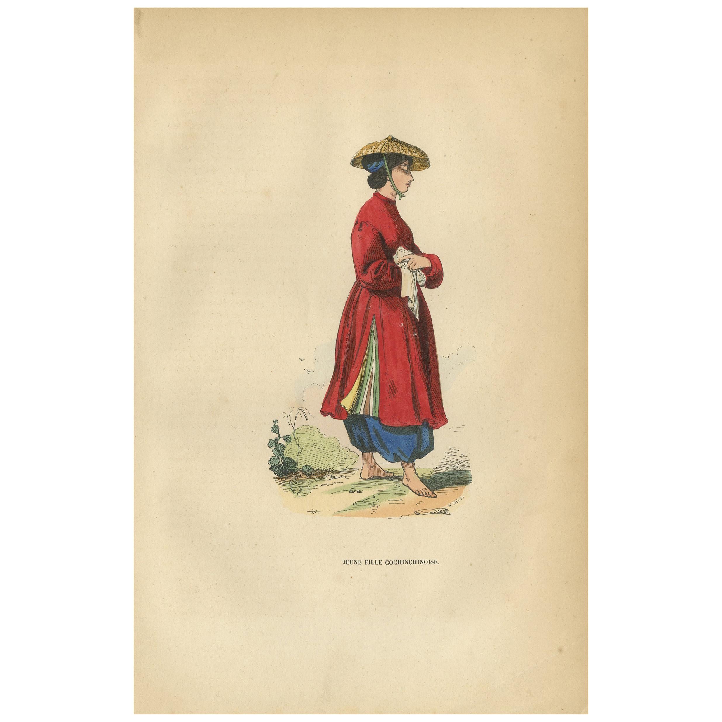 Antique Print of a Girl of Cochinchina by Wahlen, '1843'